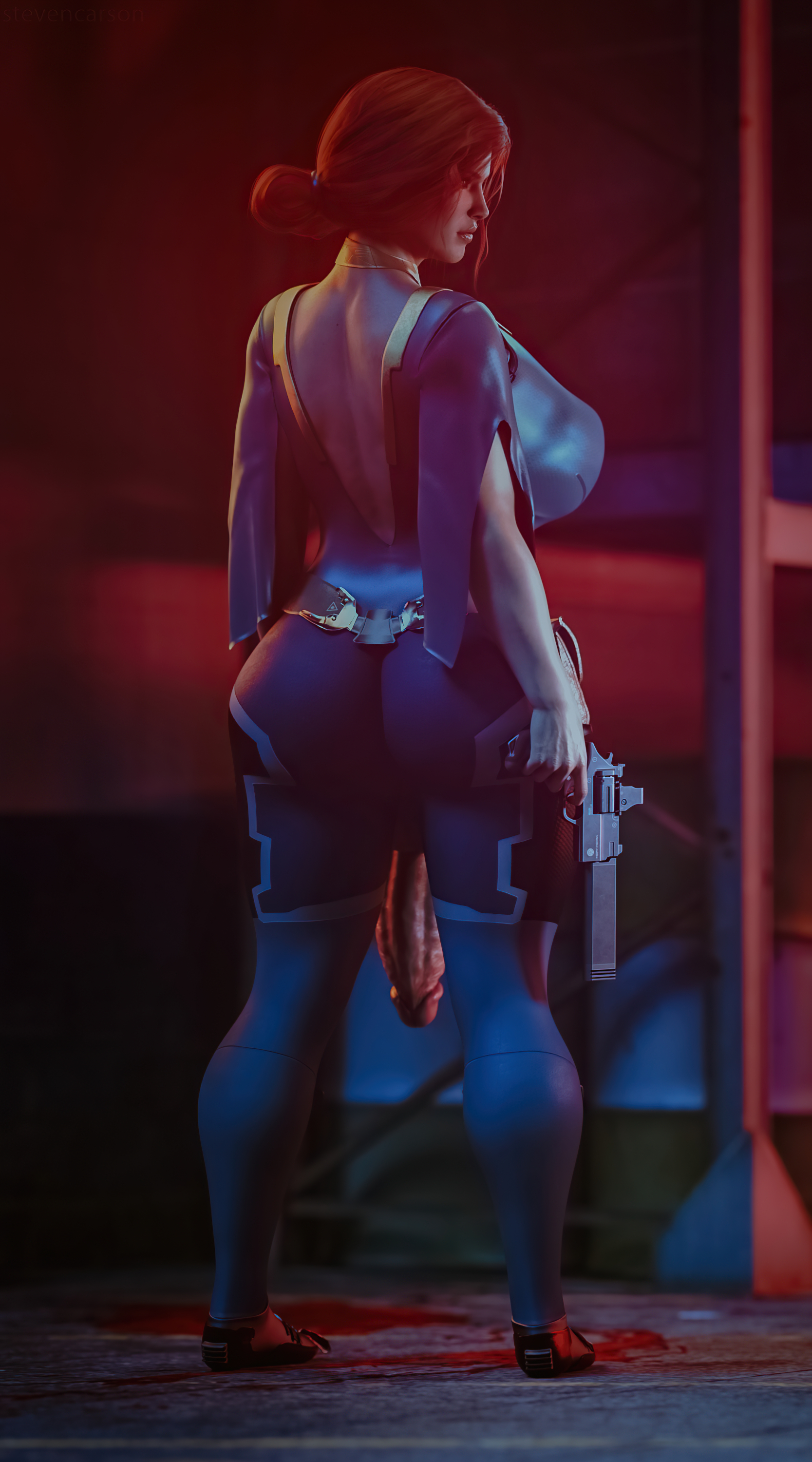 1futa, 3d, absurdres, ass, balls, breasts, casual, cd projekt red, crotchless, curvy, firearm, flaccid, futa only, futa sans pussy, futanari, gun, handgun, highres, holding object, huge ass, huge breasts, huge cock, human, hyper, hyper penis, intersex, large balls, pale skin, penis, penis out, public, realistic, revolver, small balls, solo, solo futa, spread legs, standing, stevencarson, taint, the witcher, the witcher (series), the witcher 2, the witcher 3: wild hunt, triss merigold, weapon, wide hips