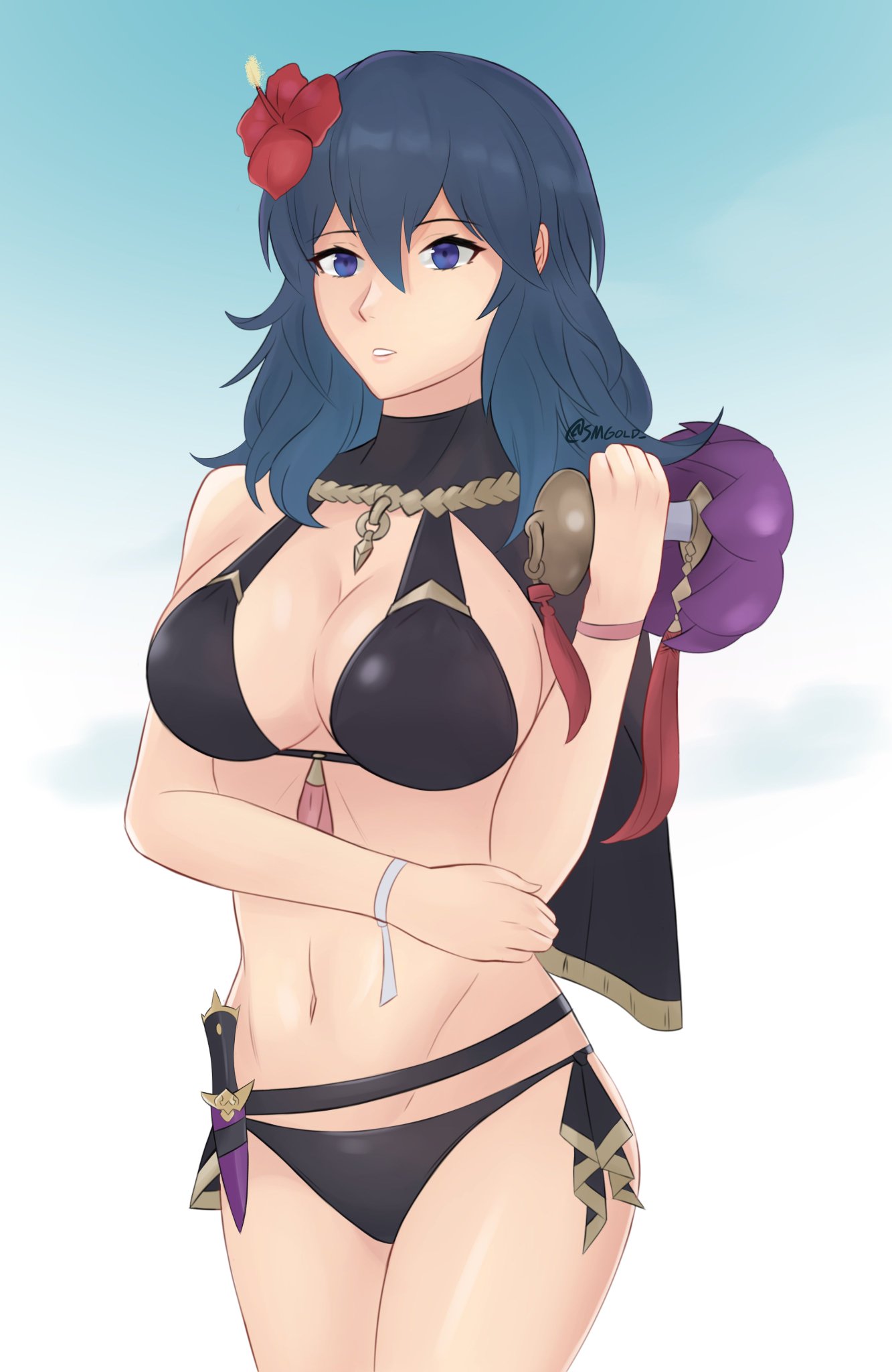 alternate_costume big_breasts bikini black_bikini black_swimsuit blue_eyes blue_hair byleth_(fire_emblem) byleth_(fire_emblem)_(female) byleth_(summer)_(fire_emblem)_(female) female female_only fire_emblem fire_emblem:_three_houses fire_emblem_heroes hair_flower long_hair nintendo smgold solo solo_female swimsuit