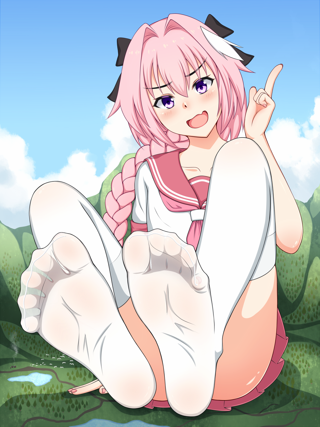 1boy, astolfo (fate), fate (series), fate/apocrypha, fate/grand order, feet, femboy, foot fetish, foot focus, giant, male, male only, nature, pink hair, presenting feet, smile, socks, soles, solo, trap, white socks