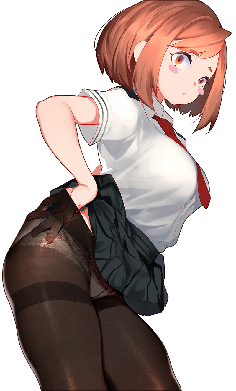 1girls, 2020, blank background, breasts, brown eyes, brown hair, brown-haired female, female, female only, large breasts, looking at viewer, my hero academia, ochako uraraka, panties, panties under pantyhose, pantyhose, rosy cheeks, school uniform, simple background, skirt, skirt lift, solo, solo focus, stockings, tagme, thighs, tie, visible underwear, white background, xiaoshou xiansheng