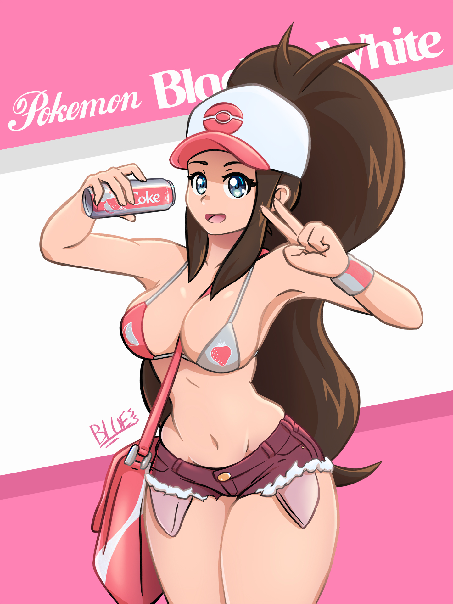 1girls, armpits, bag, blue eyes, bluesupersonic, breasts, brown hair, curvy figure, eye contact, female, hat, hilda (pokemon), light skin, light-skinned female, long hair, looking at viewer, micro bikini, minishorts, nintendo, pale skin, pale-skinned female, pokemon, pokemon bw, ponytail, shorts, text, thick thighs