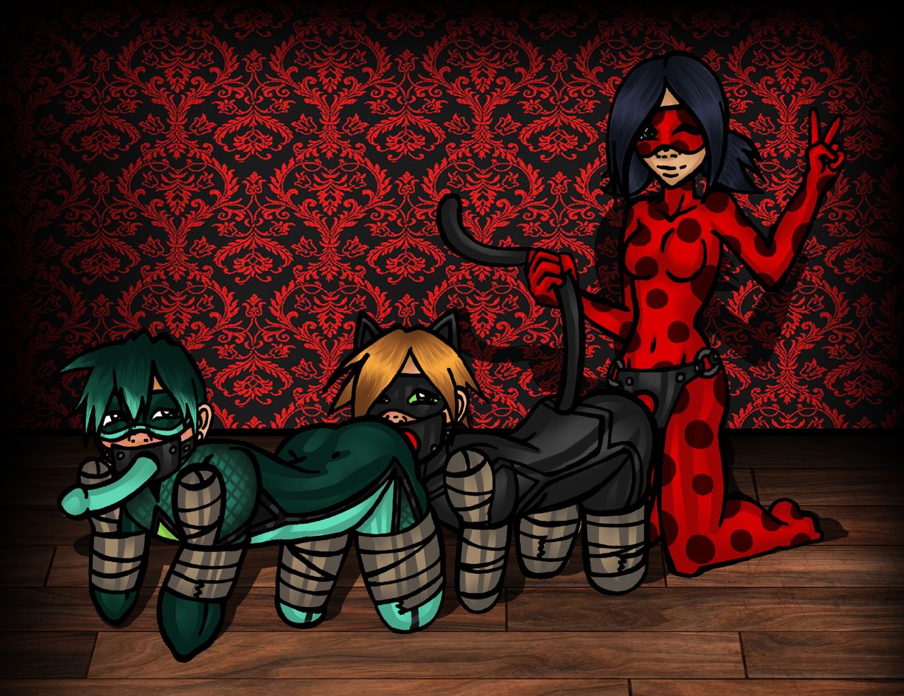 1girls 2boys adrien_agreste all_fours bisexual bitchsuit bodysuit bondage cat_noir dildo_gag dildo_in_ass female femdom forced forced_partners human human_centipede human_focus human_only ladybug_(character) latex latex_suit looking_at_viewer luka_couffaine male malesub marinette_cheng marinette_dupain-cheng miraculous_ladybug mmf_threesome multiple_boys multiple_subs peace_sign pegging rape sex sex_toy sex_train_position strap-on strap-on_gag tail_grab threesome tilly-monster v viperion wink