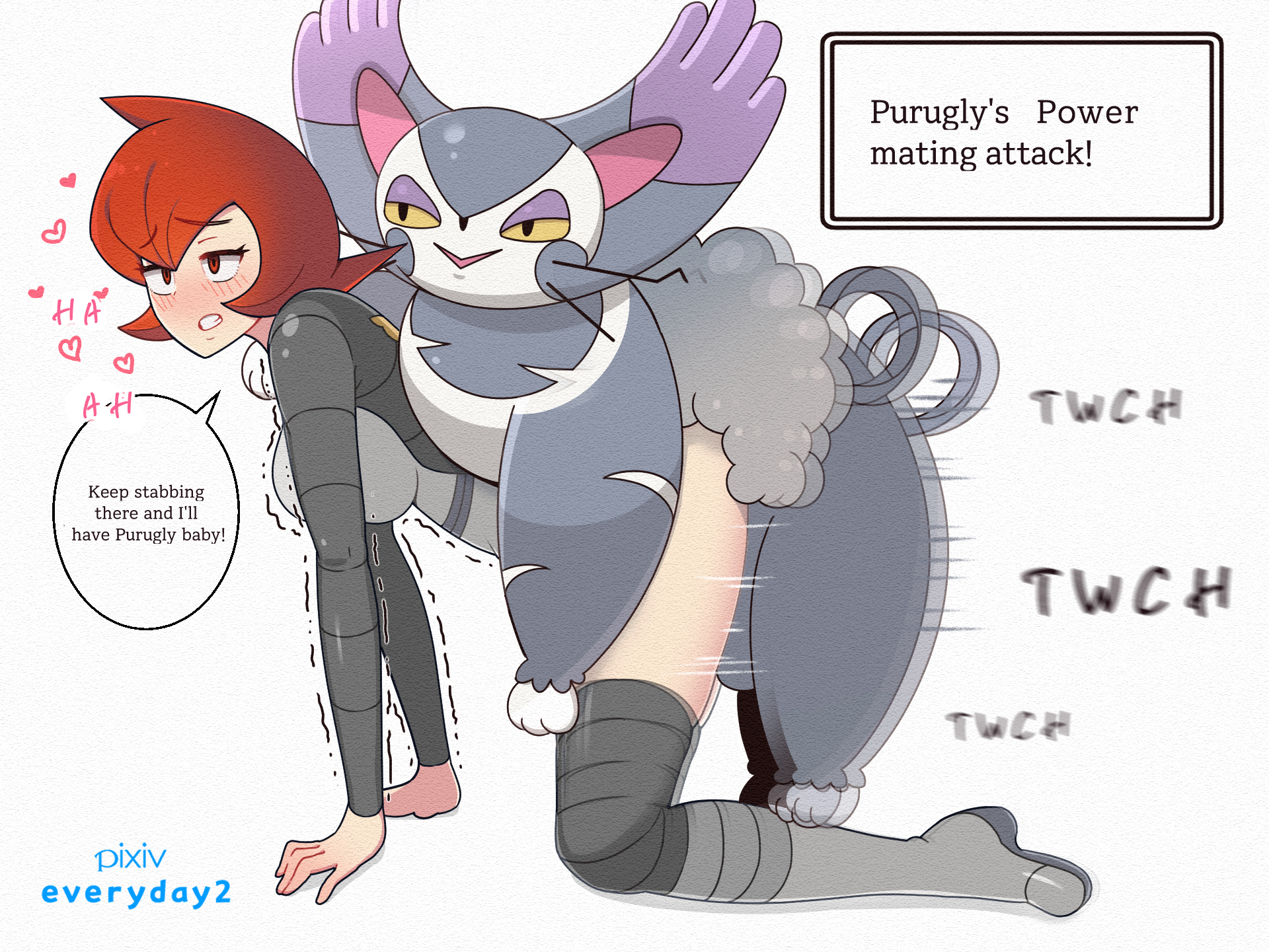 1boy, 1girls, all fours, black eyes, blush, bottomless, breasts, everyday2, female, female penetrated, feral, feral on female, feral on human, feral penetrating, feral penetrating human, game freak, grey fur, human, human penetrated, interspecies, light skin, light-skinned female, male, male penetrating, male penetrating female, male pokemon/female human, male/female, mars (pokemon), motion lines, mounting, nintendo, orange eyes, orange hair, pale skin, pale-skinned female, penetration, penile penetration, penis, penis in pussy, pixiv, pokémon (species), pokemon, pokemon (species), pokemon dppt, pokephilia, purugly, pussy, quadruped, sex, speech bubble, team galactic, text, thick thighs, thighs, vaginal penetration, vaginal sex, watermark, white background, yellow sclera