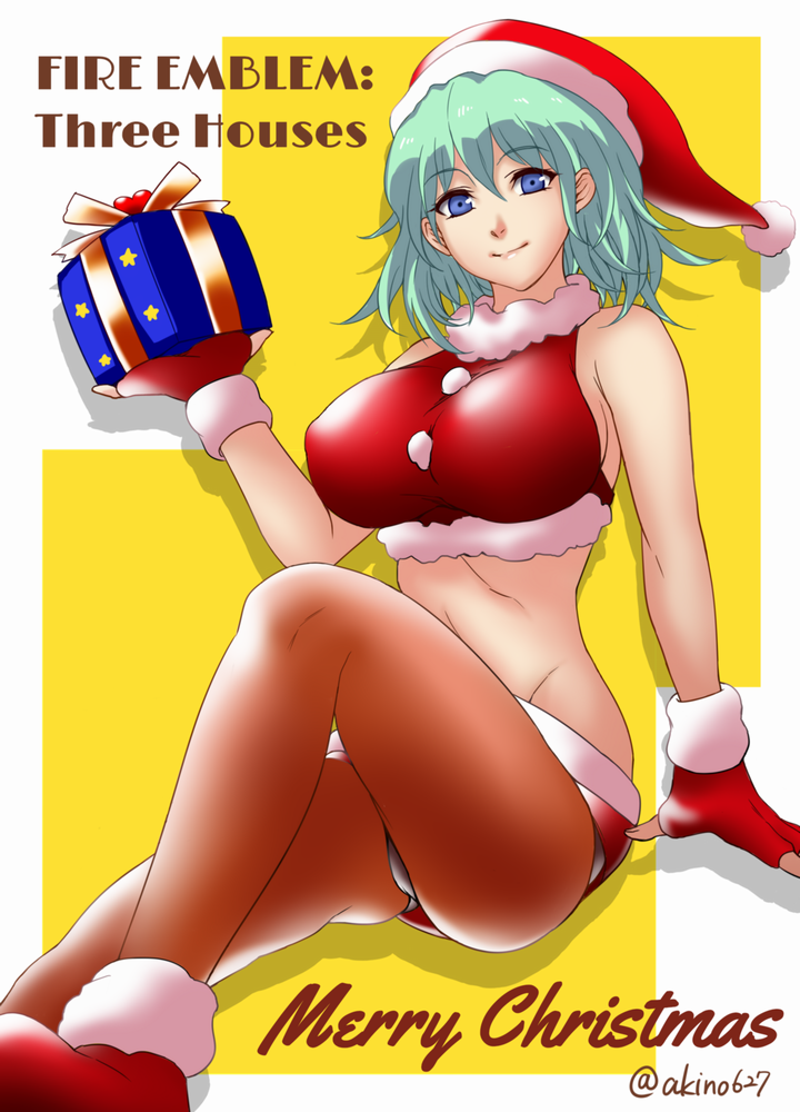 1girls akino_(gokosei) akino_ex alternate_costume big_breasts blue_eyes byleth_(fire_emblem) byleth_(fire_emblem)_(female) christmas clothed_female female female_only fire_emblem fire_emblem:_three_houses green_hair long_hair nintendo panties pantyshot pantyshot_(sitting) solo solo_female upskirt