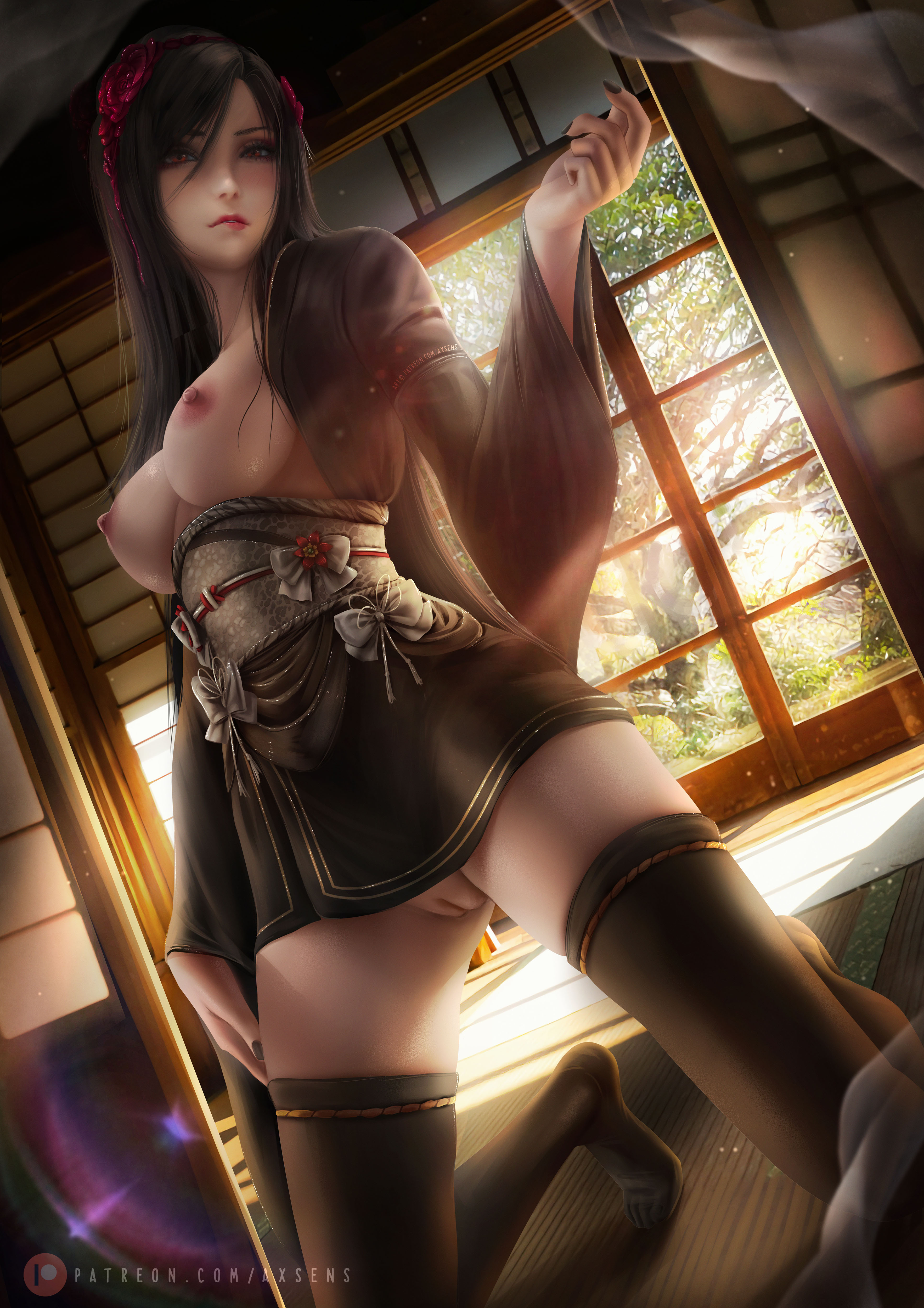 1girls, alternate costume, alternate outfit, areola, areolae, axsens, biting lip, black hair, black nail polish, black nails, blush, breasts, chest, female, female only, final fantasy, final fantasy vii, final fantasy vii remake, hair ornament, innie pussy, japanese clothes, long hair, looking at viewer, nipples, no panties, painted nails, patreon, patreon reward, pussy, shaved pussy, square enix, stockings, straight hair, thighhighs, thighs, tifa lockhart, uncensored, vagina