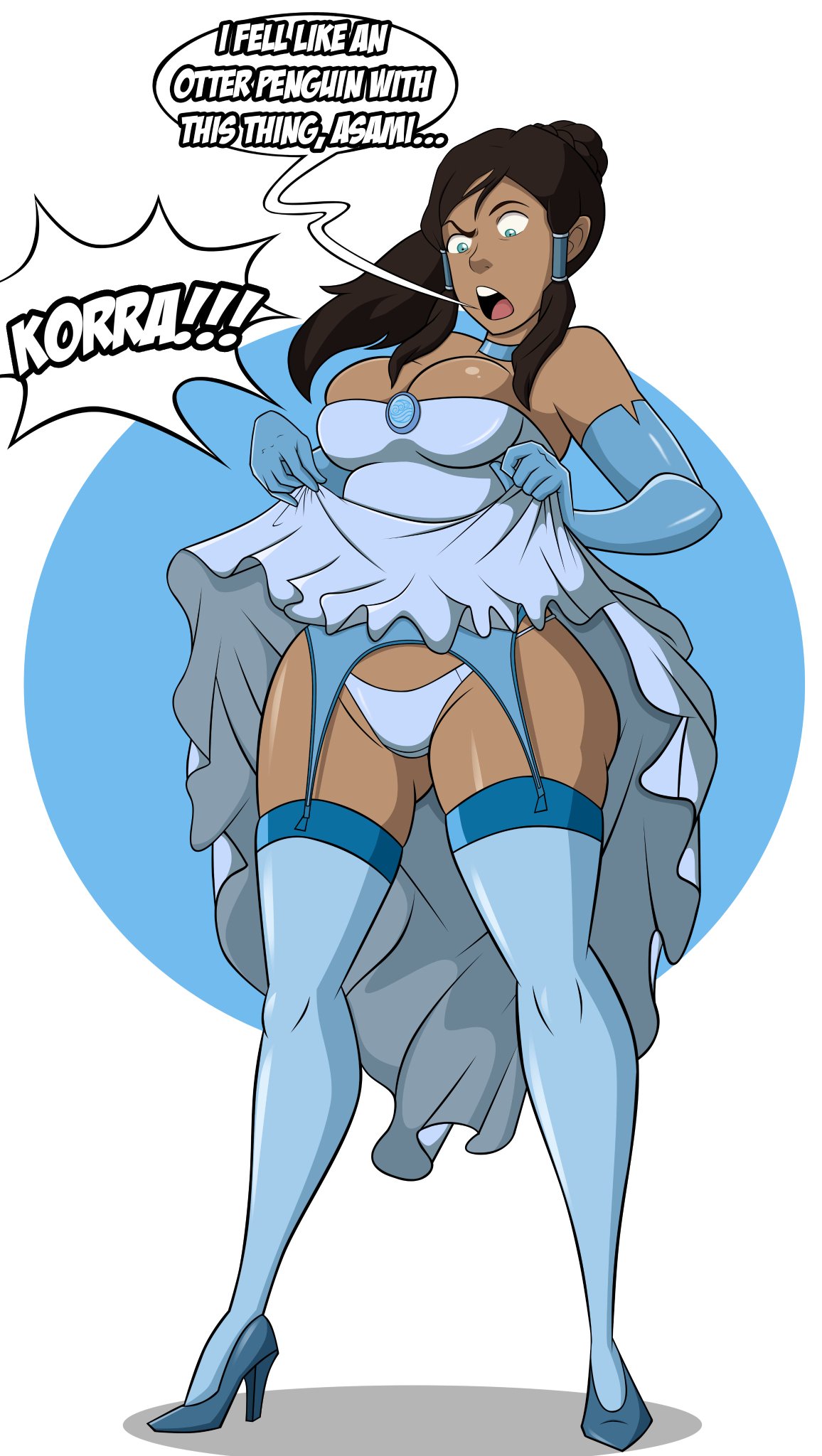 1girls, avatar legends, big breasts, breasts, clothed female, clothing, dark skin, dark-skinned female, dress, english text, female, female focus, female only, grimphantom, high heels, inuit, korra, large breasts, long hair, panties, solo, solo female, solo focus, speech bubble, stockings, straight hair, text, the avatar, the legend of korra, water tribe, white background