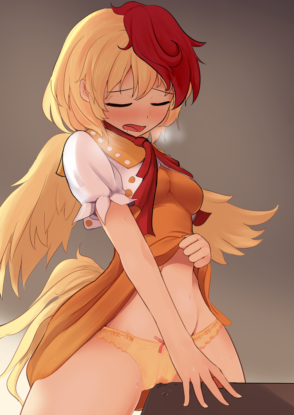 bird_tail bird_wings blonde_hair blush breasts closed_eyes crotch_rub dress feathered_wings female grey_background highres kutaka_niwatari masturbation medium_breasts multicolored_hair nama_shirasu orange_dress panties pussy_juice red_hair red_neckwear shirt short_hair short_sleeves solo standing table table_humping touhou two-tone_hair underwear wings yellow_panties