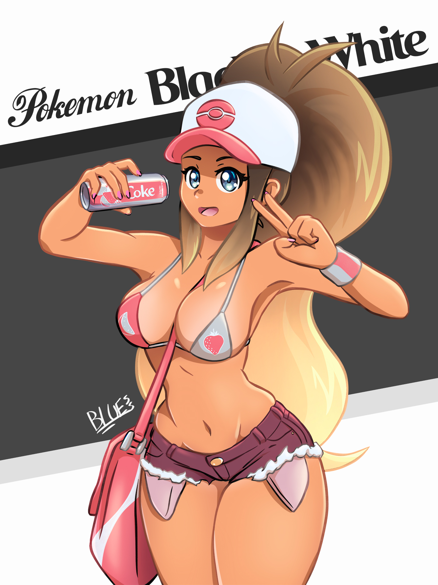 1girls, alternate hair color, armpits, bag, blue eyes, bluesupersonic, breasts, brown hair, curvy figure, eye contact, female, gyaru, hat, hilda (pokemon), long hair, looking at viewer, micro bikini, minishorts, nintendo, pokemon, pokemon bw, ponytail, shorts, tan skin, tan-skinned female, text, thick thighs, two-tone hair