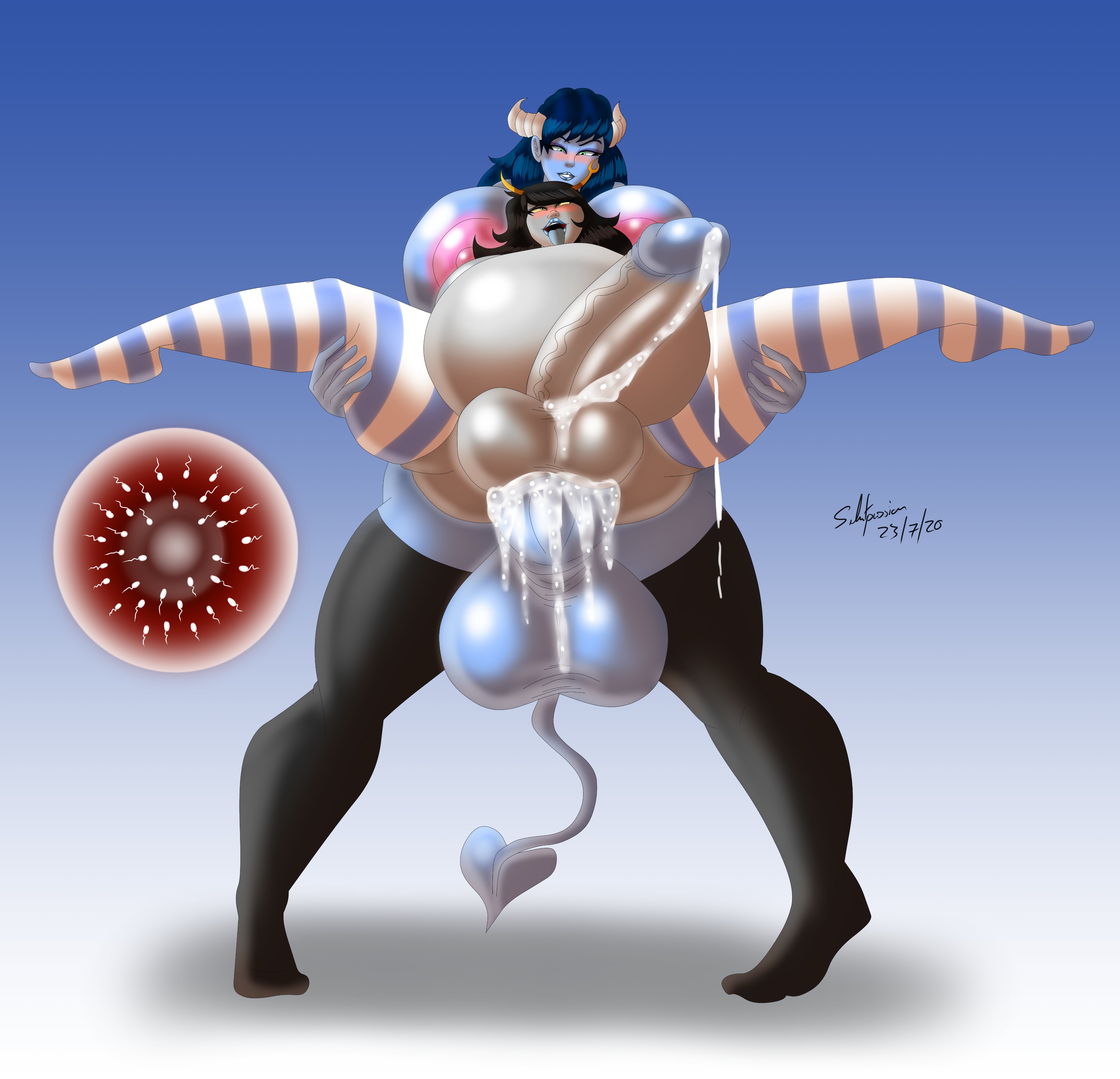 2020, 2futas, ahe gao, balls, big belly, black hair, blue eyes, blue hair, blue penis, blue skin, breasts, commission, commissioner upload, cum, cum in pussy, cum inflation, cum inside, cum while penetrated, cumflation, dungeons and dragons, excessive precum, full-package futa, futa impregnated, futa on futa, futa only, futa penetrated, futa penetrating, futanari, green eyes, grey eyes, grey skin, hands-free, handsfree ejaculation, herm, hermaphrodite, homestuck, horns, huge balls, huge belly, huge breasts, huge cock, humanoid, humanoid penis, hyper, hyper balls, hyper breasts, hyper penis, impregnation, inflation, intersex, larger futa, lifted by another, long hair, ms paint adventures, multi genitalia, nipples, original character, ovum, penis, precum, pussy, silentpassion, size difference, smaller futa, standing, standing sex, stockings, stomach bulge, stomach deformation, striped legwear, tail, thick penis, thick thighs, tiefling, tongue, tongue out, vaginal insertion, vaginal penetration, vriska serket