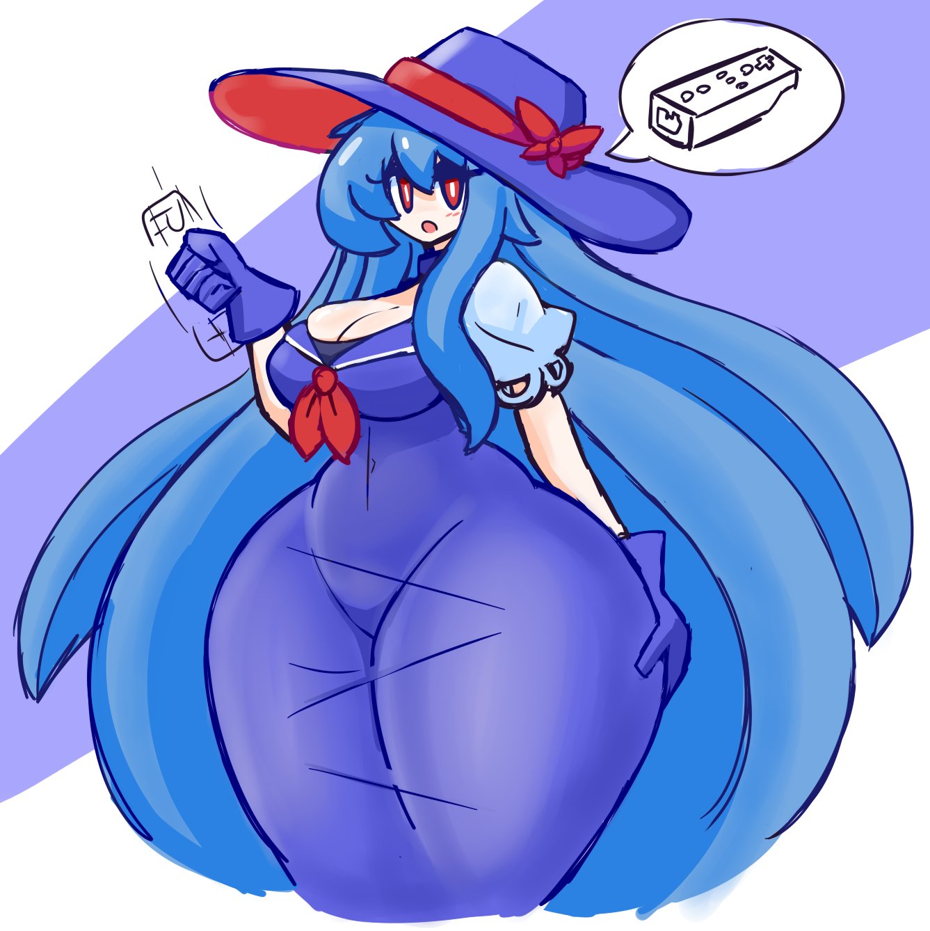 1girls big_breasts blue_hair breasts cleavage clothed_female gensin gloves hat keine_kamishirasawa light-skinned_female long_hair mature_female open_mouth red_eyes solo solo_female thick_thighs thighs touhou wii_remote