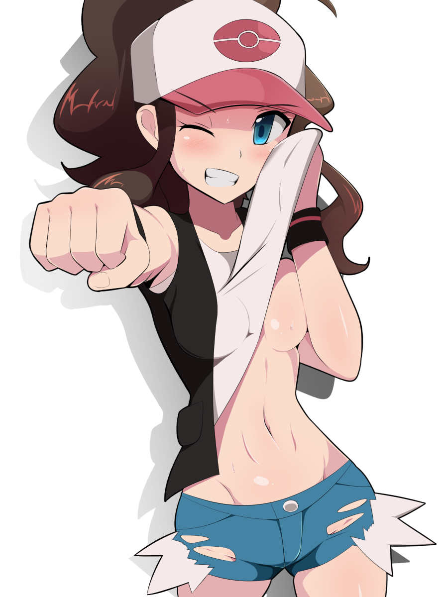 belly belly_button blue_eyes brown_hair clothing covering denim_shorts female female_only flat_belly halubato hat hilda_(pokemon) human long_hair medium_breasts nintendo one_breast_out one_eye_closed pokemon shiny_skin shirt_lift short_shorts shorts simple_background solo solo_female solo_focus sweat tank_top teeth vest wiping_face wiping_sweat wiping_with_shirt