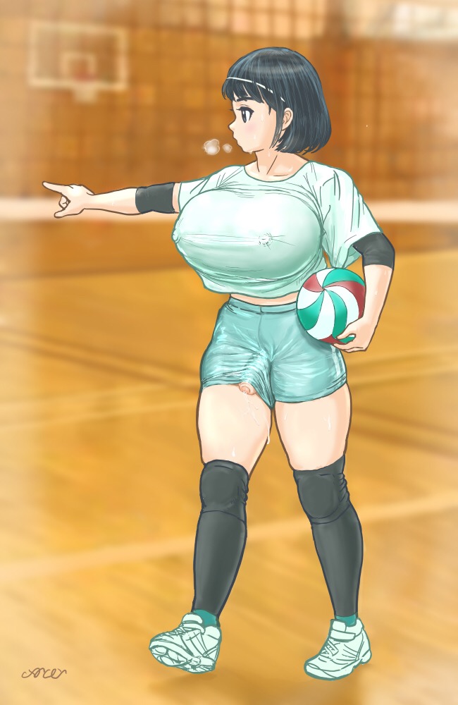 black_eyes black_hair breasts bulge dickgirl elbow_pads erect_nipples foreskin futa_only futanari gym heavy_breathing knee_pads large_breasts long_socks merotoron muffin_top nipple_bulge penis penis_through_leghole pointing precum shirt shoes shorts sweat sweating volleyball volleyball_net volleyball_uniform