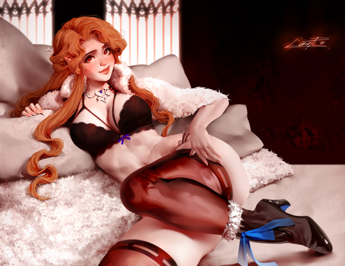 1girls, ankle boots, bra, castlevania, female, female only, lenore (castlevania), lingerie, looking at viewer, red eyes, red hair, solo, stockings, thighhighs, vampire