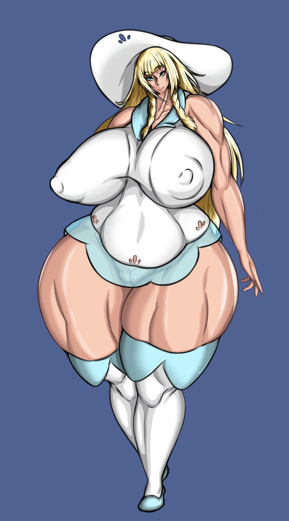 1girls, aomokoka, ass, big ass, big breasts, blonde hair, breasts, dress, fat mons, female, gigantic ass, green eyes, hat, huge ass, huge breasts, lillie (pokemon), long hair, minidress, muscular, muscular female, naughty face, nintendo, no panties, pokemon, pokemon sm, pussy, seductive, seductive smile, skindentation, smile, thick thighs, thighhighs, twin braids, very long hair, wide hips
