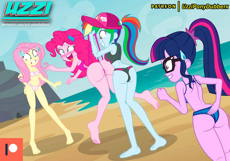 4girls, accurate art style, ass, background, beach, bent over, bikini, blush, breasts, bullying, cameltoe, equestria girls, eyes crossed, femdom, femsub, fluttershy (eg), fluttershy (mlp), hanging wedgie, humiliation, legs apart, legs spread, multiple girls, my little pony, open mouth, partially visible vulva, patreon logo, patreon username, pinkie pie (eg), pinkie pie (mlp), public, public humiliation, rainbow dash (eg), rainbow dash (mlp), scared, sci-twi, swimwear, tongue, tongue out, twilight sparkle (mlp), url, uzzi-ponydubberx, wedgie, wedgie fetish, wedgied female, yuri