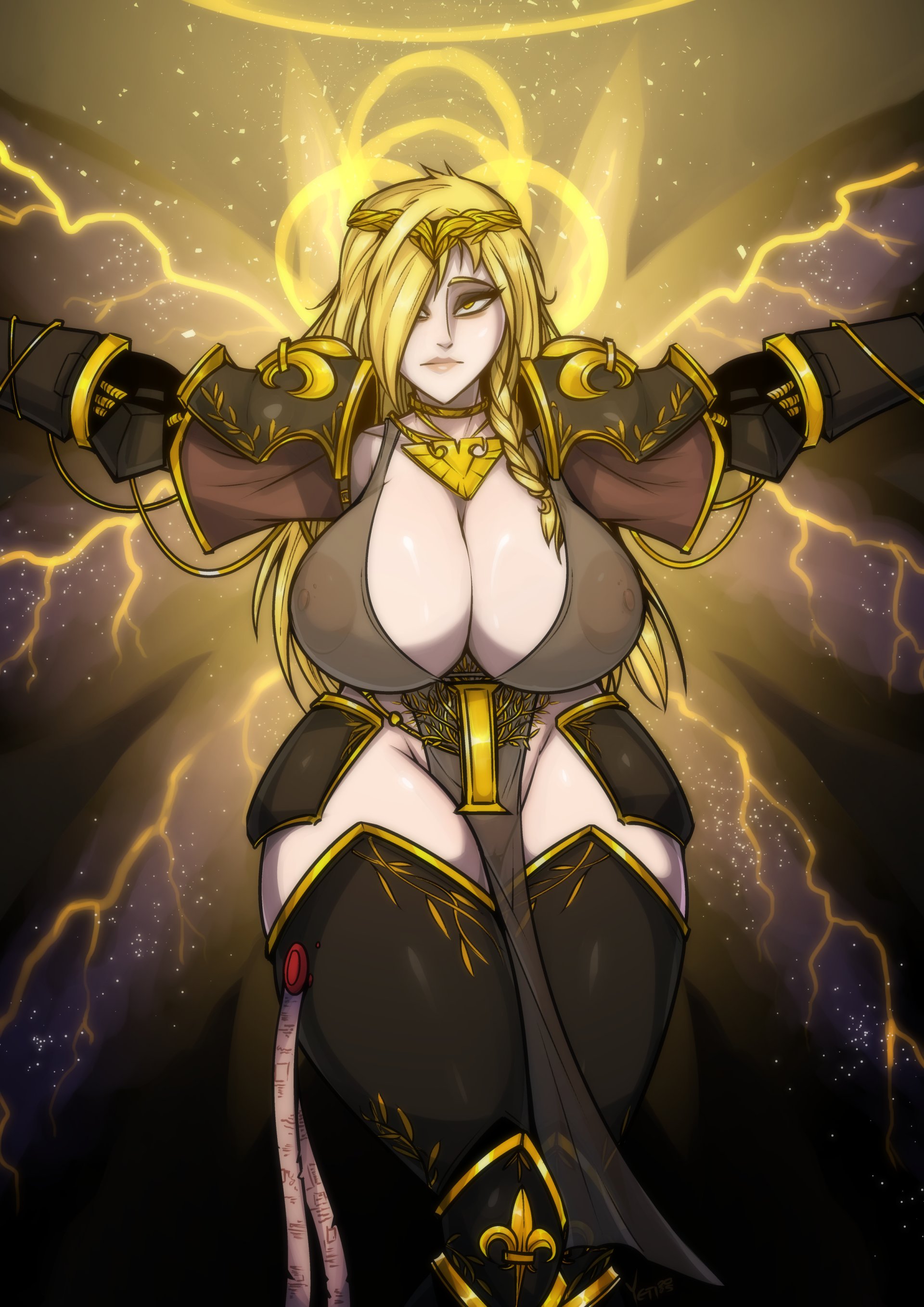 1girls, 2d, areolae, armored female, blonde hair, breasts, child bearing hips, crossover, curvy, elden ring, golden eyes, large areolae, large breasts, loincloth, nipples, power armor, purity seal, queen marika the eternal, see-through, see-through clothing, sexualyeti, skimpy armor, solo female, thick thighs, transparent clothing, voluptuous, warhammer (franchise), warhammer 40k