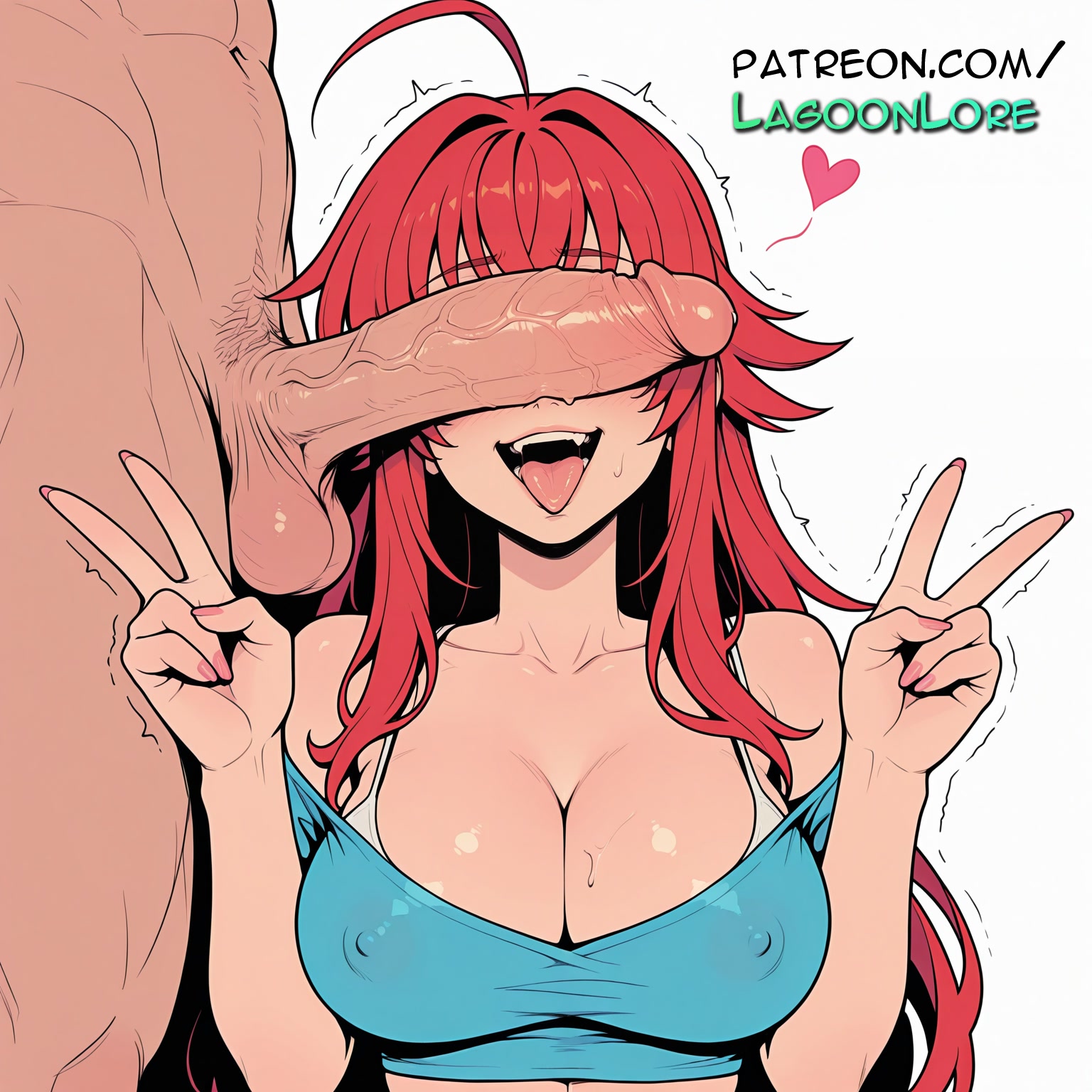 1boy, ahoge, ai generated, artist name, breasts, bust, chest, cleavage, clothed female nude male, cock, covered nipples, dick, double v, erection, female, head out of frame, hi res, high school dxd, highres, huge cock, lagoonlore, large penis, long hair, motion lines, open mouth, patreon, patreon username, penis, penis awe, penis on face, precum, red hair, rias gremory, straight, testicles, tongue, tongue out, transparent background, trembling, twitching, twitching penis, v, veins, veiny penis, w, watermark