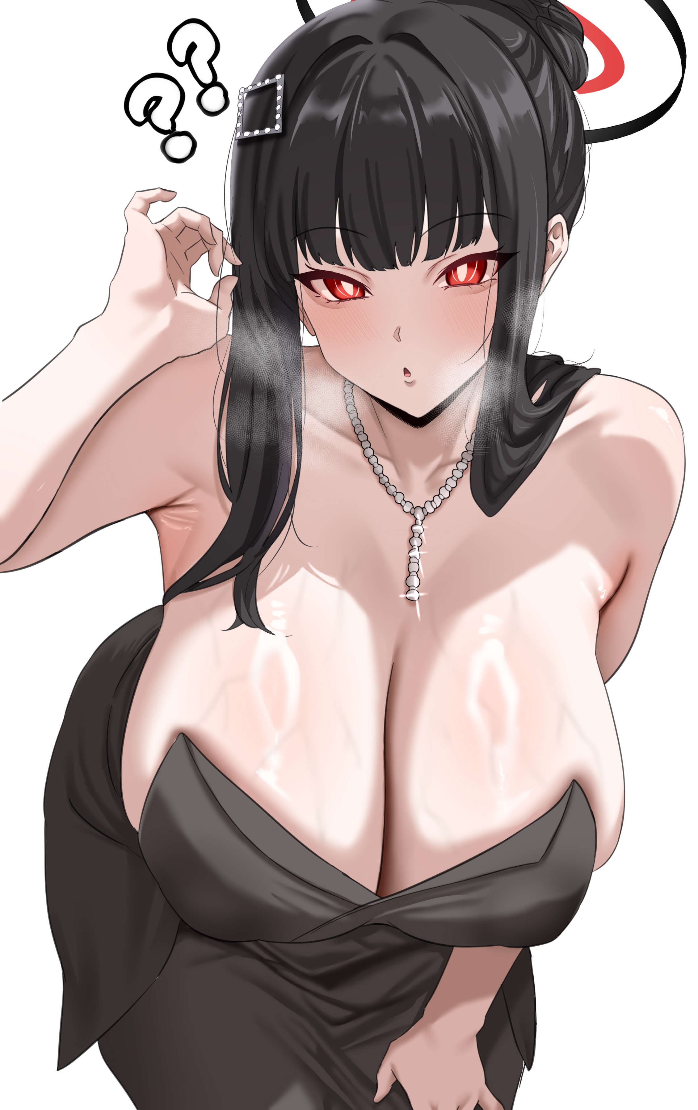 :o, 1girls, absurdres, armpits, big breasts, black dress, black hair, blue archive, breasts, cleavage, commentary, dress, female, female only, halo, highres, huge breasts, jewelry, large variant set, long hair, looking at viewer, mature female, necklace, official alternate costume, red eyes, rio (blue archive), rio (dress) (blue archive), simple background, solo, sweat, variant set, veins, veiny breasts, white background, woo (woosan)