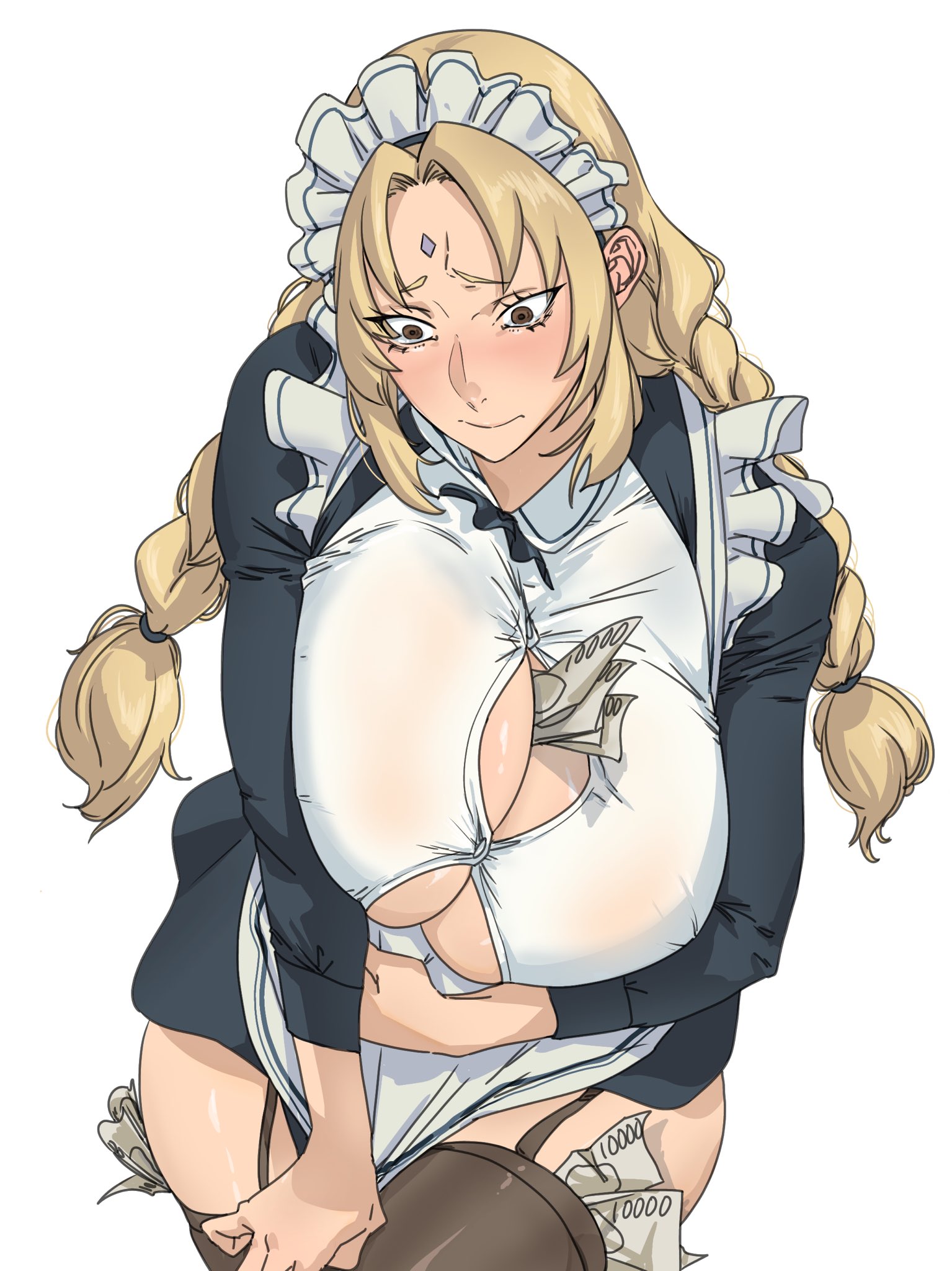 1girls, about to burst, about to pop, barely contained, barely contained breasts, barely fits, blonde hair, breasts, breasts too big, brown eyes, bursting breasts, button down shirt, button gap, button up shirt, buttons, cleavage, embarrassed, garter straps, huge breasts, imminent wardrobe malfunction, large breasts, looking down, maid, maid headdress, maid outfit, maid uniform, mattsunart, money, money in cleavage, money in thighhigh, money under clothes, naruto (series), skimpy clothes, sole female, strained buttons, straining buttons, straining clothing, tears, thighhighs, tight clothes, tight clothing, tight fit, too tight, tsunade, twintails, undersized clothes, undersized clothing