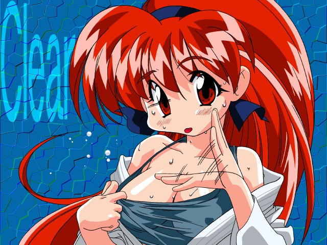 1girls 90s akira_(viper) blue_background blush bow breasts chibi cleavage clothes_pull clothing eyebrows_visible_through_hair eyes_visible_through_hair fanning female female_only flying_sweatdrops game_cg hair_ribbon hand_fan large_breasts long_hair long_ponytail looking_at_viewer matching_hair/eyes official_art open_clothes ponytail red_eyes red_hair ribbon simple_background sogna solo sports_bra sportswear sweat sweatdrop sweating text tied_hair tongue tongue_out very_long_hair viper_(series) viper_island