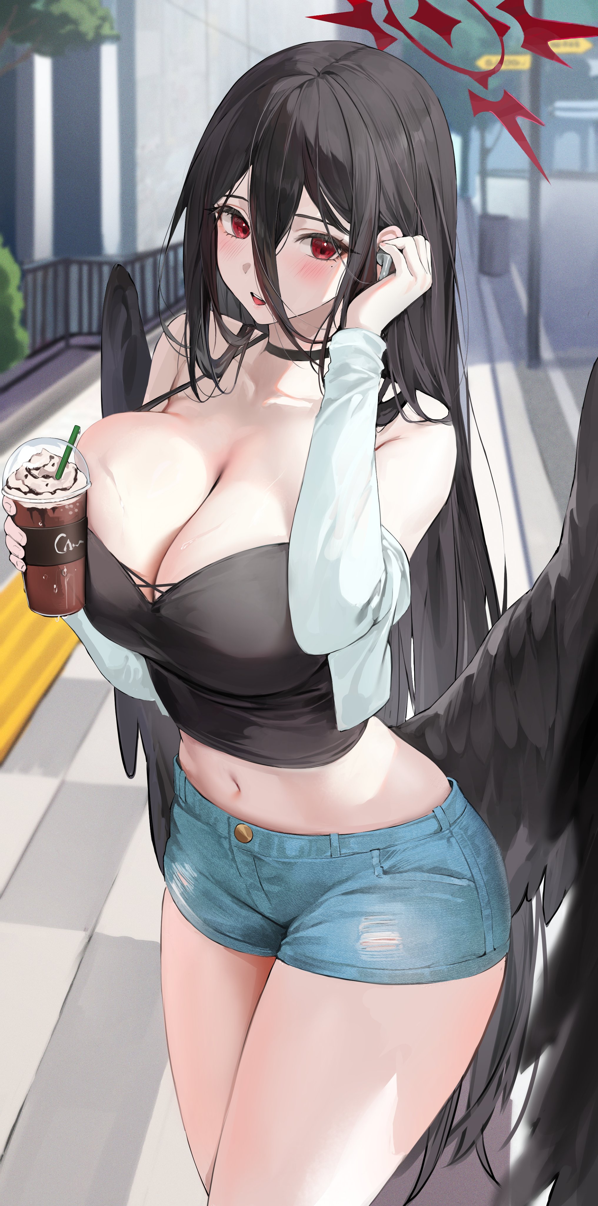 absurdres, black hair, black wings, blue archive, blush, breast press, breasts, cleavage, coffee, cup, denim, denim shorts, drinking straw, female, female only, hair between eyes, halo, hand on own face, hasumi (blue archive), highres, holding, holding cup, huge breasts, iced coffee, jeans, lillly, long hair, long hair between eyes, mechanical halo, midriff, navel, open mouth, outdoors, pants, red eyes, road, road sign, shorts, sign, smile, solo, stomach, street, thighs, torn clothes, torn jeans, torn pants, torn shorts, very long hair, wings, wireless earphones