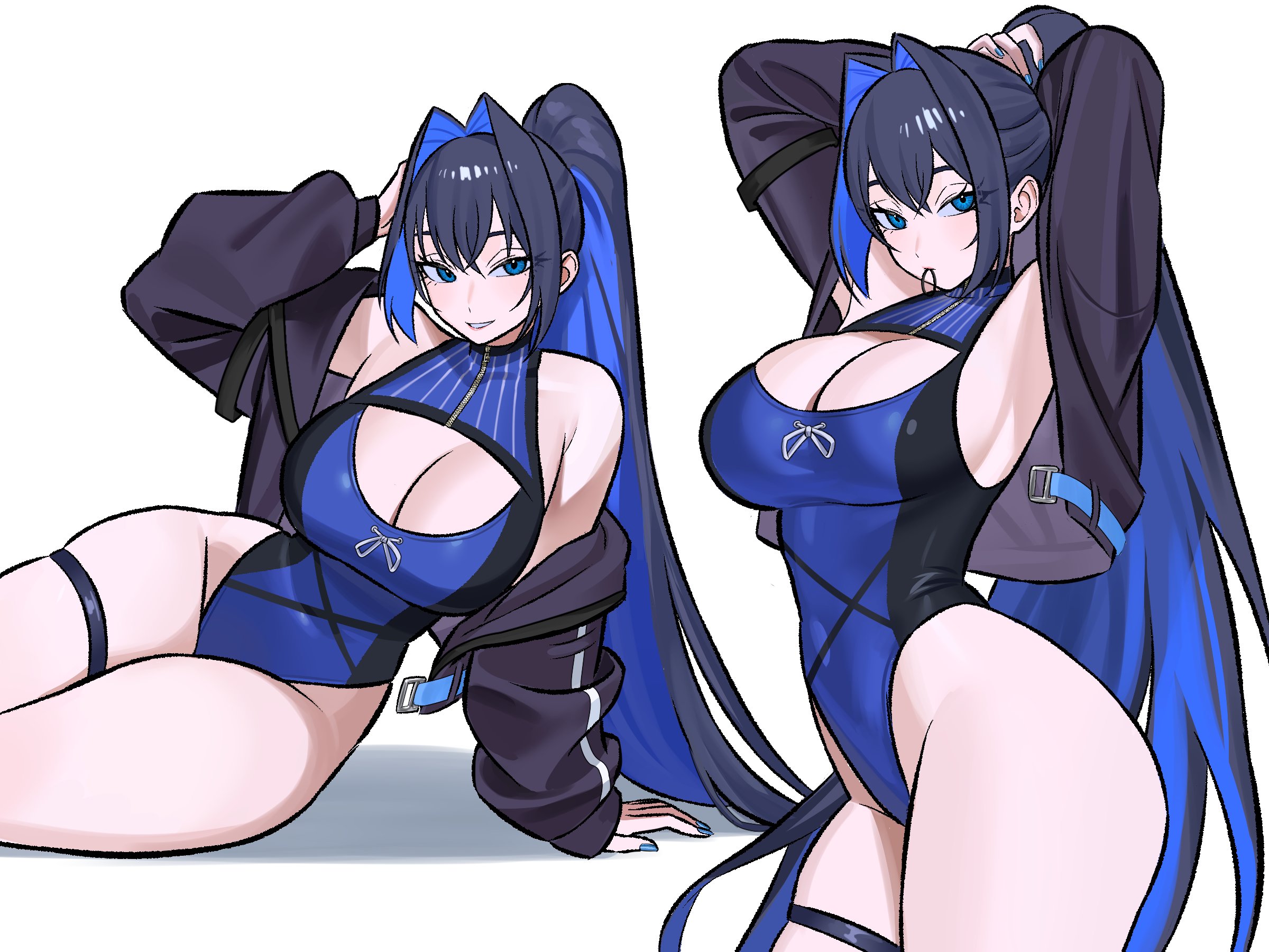 1girls, big breasts, big thighs, black hair, blue eyes, blue hair, breasts, cleavage, colored inner hair, female, female only, hair intakes, hashtag-only commentary, highres, hololive, hololive english, hourglass figure, huge breasts, huge thighs, large breasts, large thighs, long hair, looking at viewer, multicolored hair, multiple views, one-piece swimsuit, ouro kronii, ouro kronii (holonatsu paradise), ponytail, simple background, slim waist, solo, solo female, swimsuit, thick, thick thighs, thighs, very long hair, virtual youtuber, voluptuous, voluptuous female, white background, wide hips, zeon (zzeeonn)
