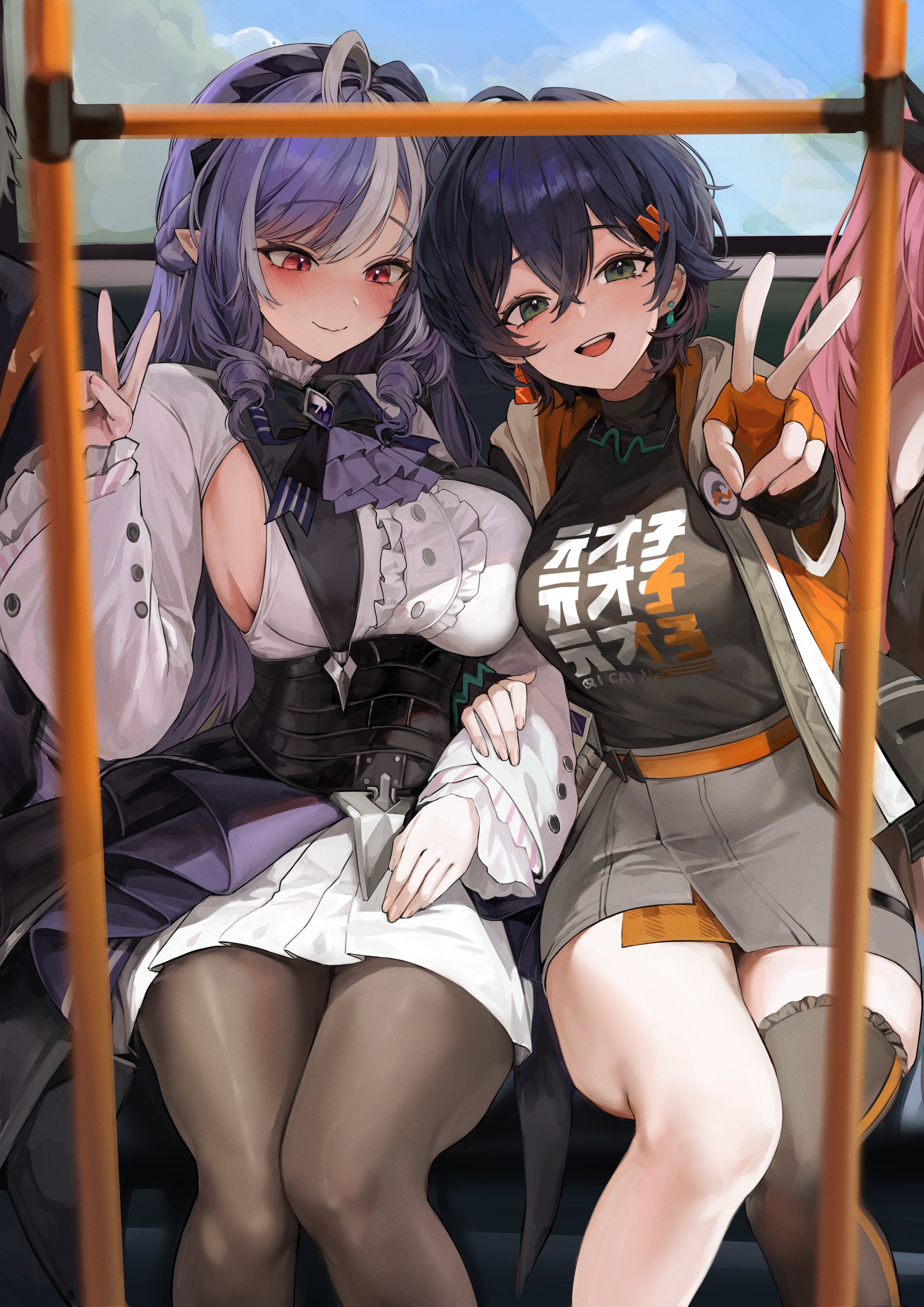 1girls, 2girls, absurdres, belle (zenless zone zero), big breasts, black pantyhose, black thighhighs, blue hair, blush, breasts, center frills, closed mouth, female, female only, fingerless gloves, frills, gloves, green eyes, hair between eyes, hand up, highres, large breasts, lillly, long hair, looking at another, looking at viewer, multicolored hair, multiple girls, open clothes, orange gloves, pantyhose, pointy ears, purple hair, red eyes, short hair, sideboob, single glove, single thighhigh, sitting, skirt, smile, streaked hair, symbol-shaped pupils, teeth, thighhighs, upper teeth only, v, vivian (zenless zone zero), vivian banshee, white hair, yuri, zenless zone zero