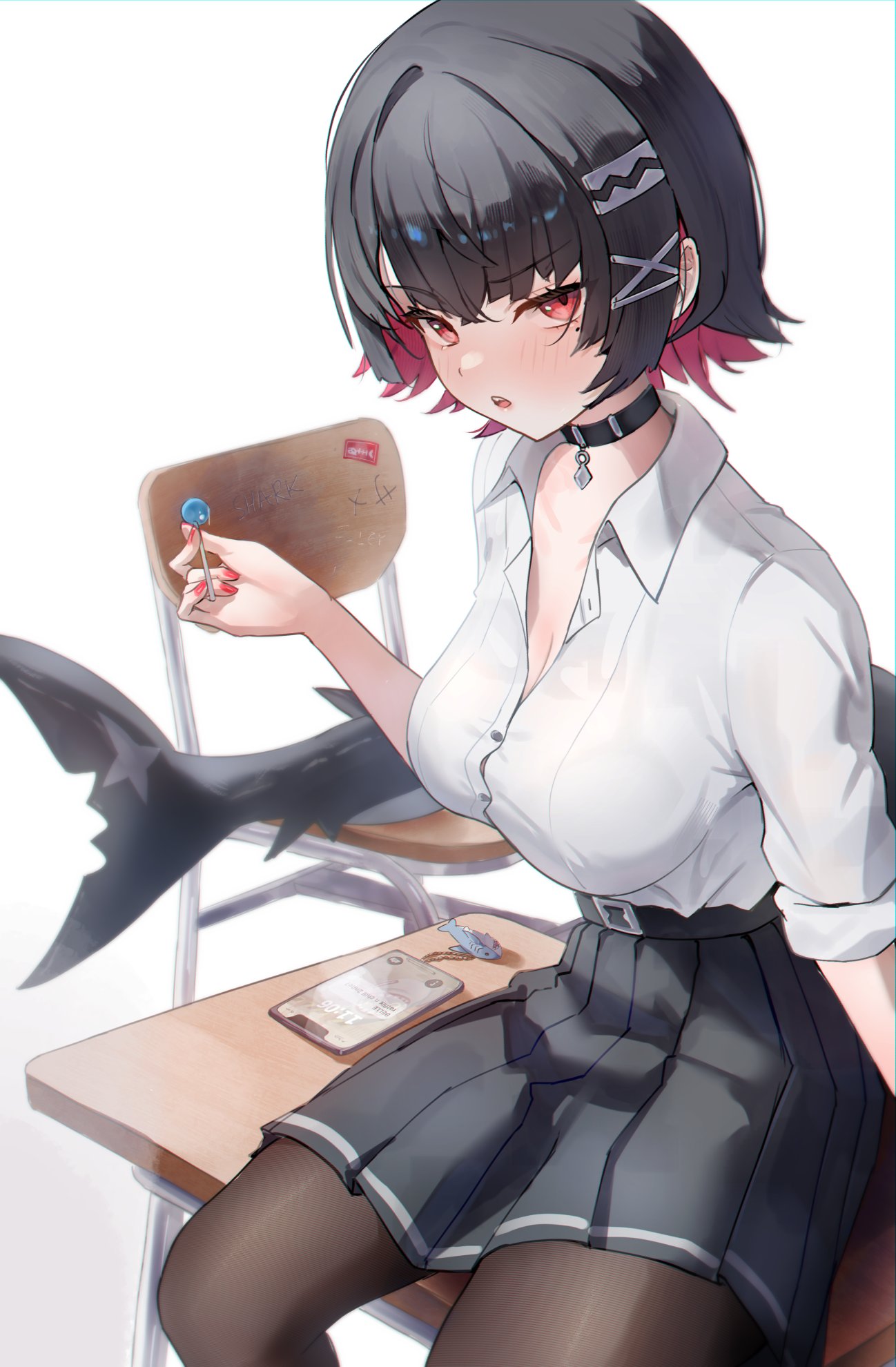:o, 1girls, black choker, black hair, black pantyhose, black skirt, breasts, candy, cellphone, chair, choker, cleavage, collared shirt, colored inner hair, colored nails, desire (des1re), desk, ellen joe, ellen joe (on campus), female, female only, fins, fish tail, food, hair ornament, highres, holding, holding candy, holding food, holding lollipop, large breasts, lollipop, multicolored hair, official alternate costume, on desk, painted nails, pantyhose, phone, red eyes, red hair, school chair, school desk, school uniform, shark girl, shark tail, shirt, short hair, simple background, sitting, skirt, solo, tail, v-shaped eyebrows, white background, white shirt, x hair ornament, zenless zone zero