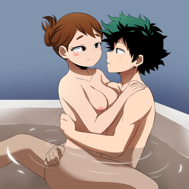 1boy, 1girls, bathing, bathing together, bathtub, bedroom eyes, big breasts, breasts, brown eyes, brown hair, brown-haired female, completely nude, curly hair, felipe godoy, female, freckles, green eyes, green hair, green-haired male, hair bun, izuku midoriya, male, mixed bathing, muscular, muscular male, my hero academia, nipples, nude, nude female, nude male, ochako uraraka, shounen jump, superhero, superheroine, water, wet, wholesome