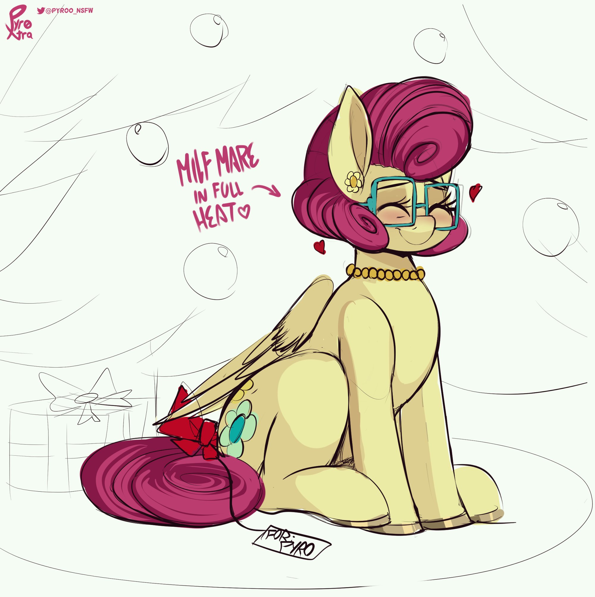 1girls, 1milf, blush, bow, christmas, christmas present, christmas tree, closed eyes, cutie mark, earrings, english text, equine, estrus, feathered wings, feathers, female, female focus, female only, floating heart, friendship is magic, glasses, hasbro, heart, holidays, jewelry, looking happy, mare, mature, mature female, mature mare, milf, mother, mrs. shy (mlp), my little pony, necklace, pony, posey shy (mlp), present, pyroxtra, sitting, smile, smiling, solo, solo female, solo focus, tail, tail bow, text, tree, wings