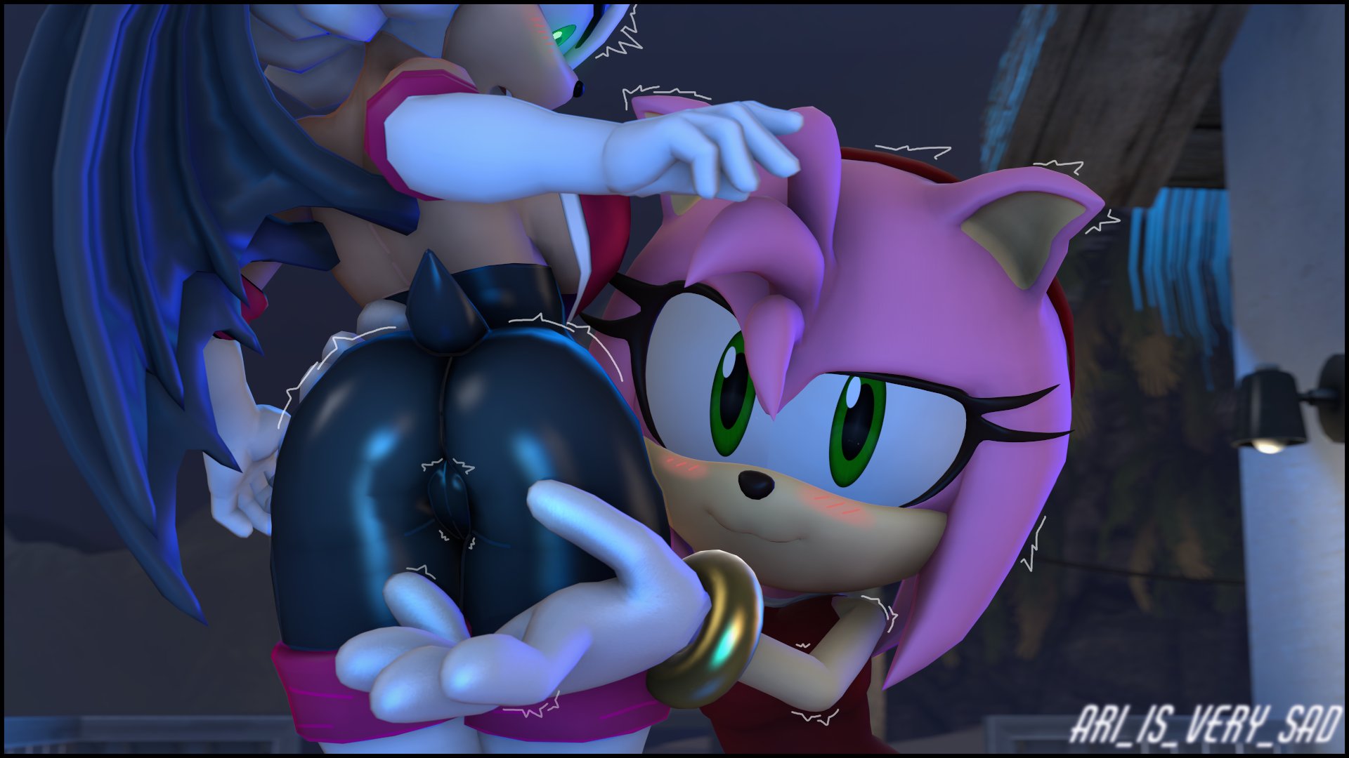 :3, 2girls, amy rose, anthro, anthro female, anthro only, ari is very sad, ass, ass focus, assisted presentation, bare shoulders, bat, bat wings, blush, bodysuit, booty, bubble butt, butt focus, clothed, clothed female, clothing, dress, duo, duo female, eulipotyphlan, eyelashes, female, fur, gloves, green eyes, hairband, hedgehog, looking at viewer, looking back, looking down, mammal, pink fur, presenting, presenting ass, red dress, red hairband, rouge the bat, sega, sfm, showing off ass, showing off butt, sonic (series), sonic the hedgehog (series), source filmmaker, surprised, surprised expression, surprised face, tail, tight clothes, tight clothing, white fur, white gloves
