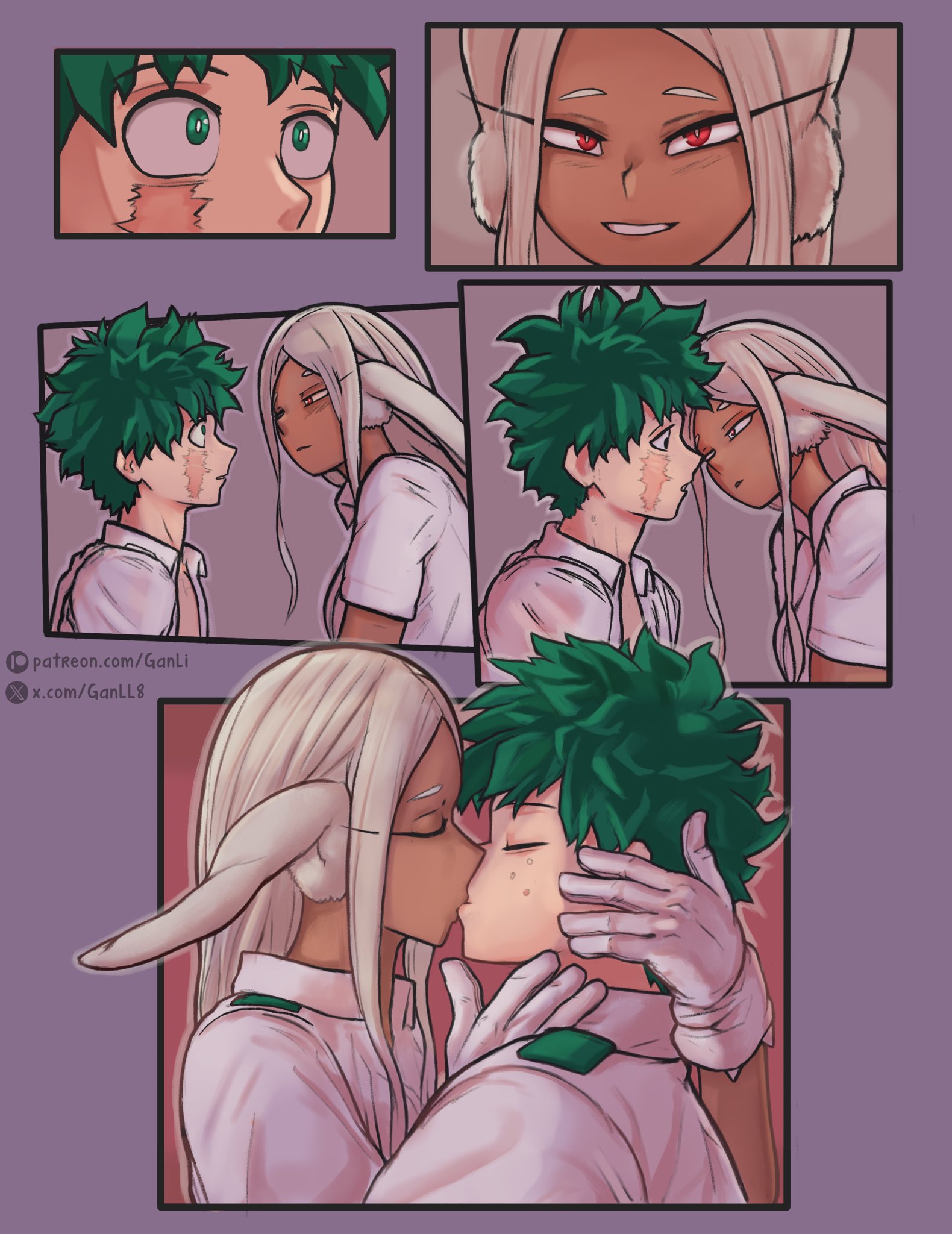 1boy, 1boy1girl, 1girls, boku no hero academia, bunny ears, bunny girl, bunny tail, comic, english, english dialogue, english text, ganli, green hair, green-haired male, hero, heroine, izuku midoriya, kissing, light skin, light-skinned male, mirko, miruko, muscular, muscular female, muscular male, my hero academia, red eyes, red-eyed female, rumi usagiyama, scars, scars all over, scars on arm, school uniform, speech bubble, superhero, superheroine, tan body, tan skin, tan-skinned female, thick thighs, thighs, thunderthighs, white background, white-haired female