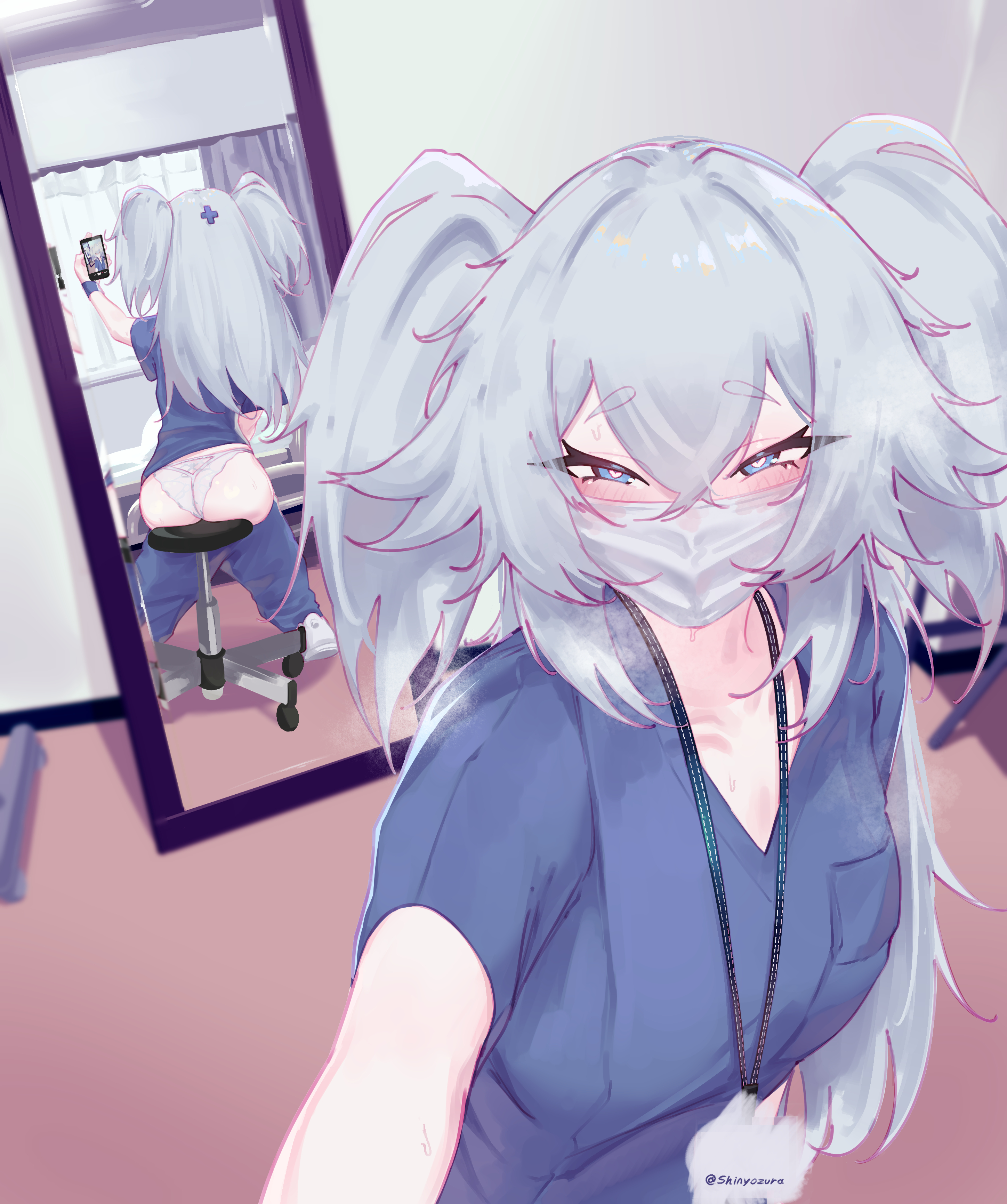 1girls, 2d, absurd res, absurdres, ass, back, back view, blue eyes, blue hair, blush, cellphone, clothing, eyelashes, female, female only, florence (girls' frontline 2), girls' frontline, girls' frontline 2: exilium, heart-shaped pupils, heavy breathing, hi res, highres, indoors, lanyard, light skin, light-skinned female, long hair, looking at viewer, mask, masked, masked female, mirror, mirror reflection, mirror selfie, nurse, nurse clothing, nurse uniform, pa-15 (girls' frontline), pale skin, pale-skinned female, panties, pants, pants down, selfie, shinyozura, sitting, smartphone, steam, steamy breath, stool, surgical mask, sweat, sweatdrop, twintails