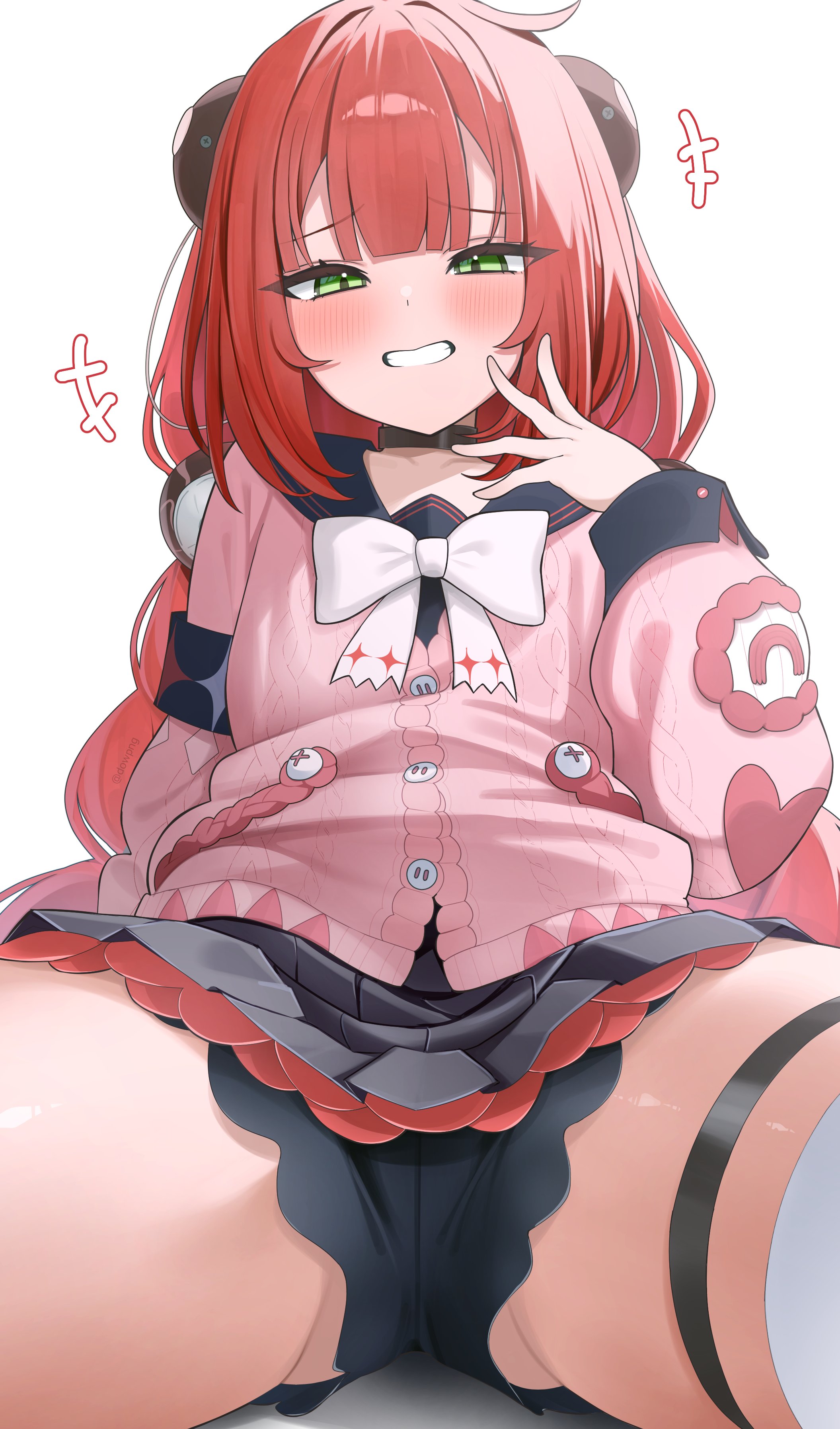 1girls, absurdres, black choker, black panties, black sailor collar, black skirt, blush, bow, bowtie, cardigan, chest bow, choker, commentary request, female, female only, green eyes, hair ornament, highres, lelex, long hair, looking at viewer, panties, pink cardigan, red hair, sailor collar, skirt, smile, sphere hair ornament, spread legs, thigh strap, ukinami yuzuha, underwear, white bow, white bowtie, zenless zone zero