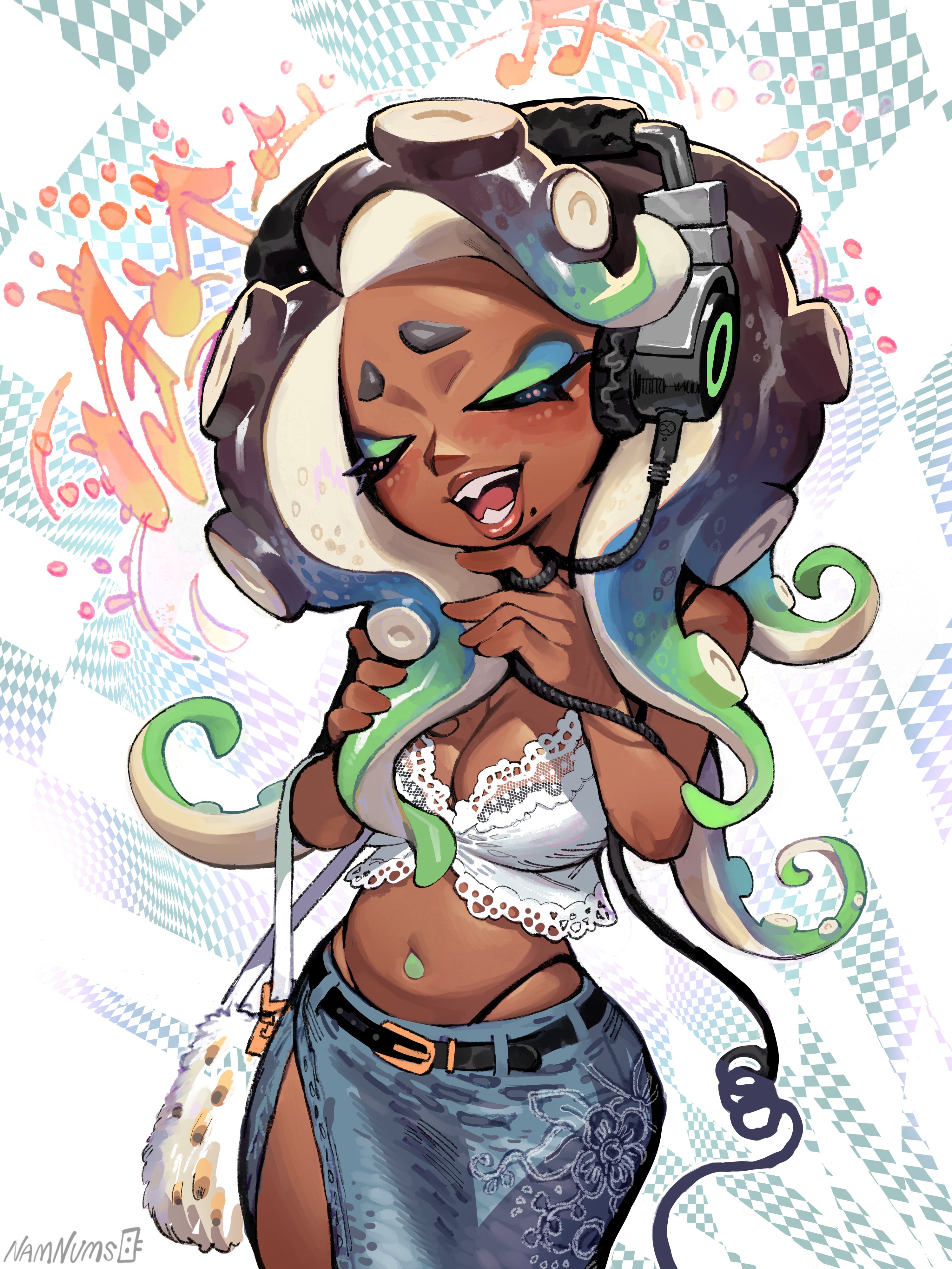 1girls, absurdres, alternate costume, bag, beauty mark, belt, belt buckle, big breasts, black belt, black hair, blush, breasts, cable, camisole, casual, cleavage, closed eyes, colored tips, commentary, cowboy shot, crop top, curvy, dark skin, dark-skinned female, denim, denim skirt, elbow carry, english commentary, eyeshadow, female, female focus, furrowed brow, gradient hair, green eyeshadow, green hair, hand in own hair, handbag, hands up, headphones, highres, holding, holding bag, lace trim, lace-trimmed camisole, large breasts, lipgloss, long eyelashes, makeup, marina (splatoon), mole, mole under mouth, multicolored hair, musical note, namnums, navel, navel piercing, nintendo, open mouth, piercing, side slit, skirt, smile, solo, solo female, solo focus, splatoon, splatoon (series), splatoon 2, spoken musical note, suction cups, tentacle hair, thick thighs, thighs, thin waist, twitter link, two-tone hair, u u, very dark skin, white camisole, wide hips