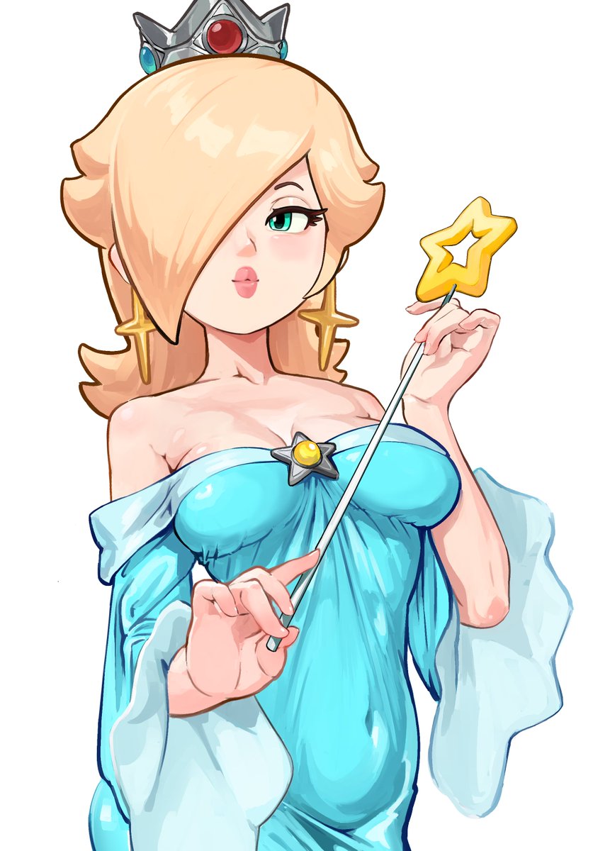 aqua dress, bare shoulders, blonde hair, blue eyes, breasts, brooch, collarbone, commentary, covered navel, crown, dress, earrings, english commentary, female, hair over one eye, highres, holding, holding wand, jewelry, lips, long hair, long sleeves, mario (series), medium breasts, mineru128127, navel visible through clothes, nintendo, off shoulder, off-shoulder dress, princess rosalina, silver crown, solo, star (symbol), star brooch, star earrings, star wand, wand, wide sleeves