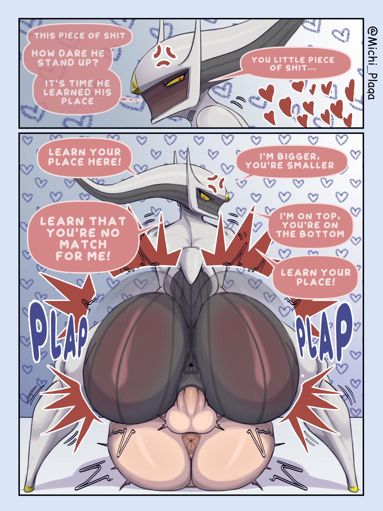1boy, 1girls, amazon position, anger vein, angry, angry sex, anthro, anthro on human, anus, arceus, ass, back, balls, big ass, comic, dialogue, english text, female, femdom, full body, generation 4 pokemon, green sclera, heart, hi res, human, human on anthro, legendary pokemon, light skin, light-skinned male, looking back, looking down, male, male human/female anthro, male human/female pokemon, malesub, mating press, michi plaga, nintendo, penetration, penis, pokemon, pokemon (species), pokephilia, pussy, red eyes, sex, speech bubble, text, thick ass, vaginal penetration