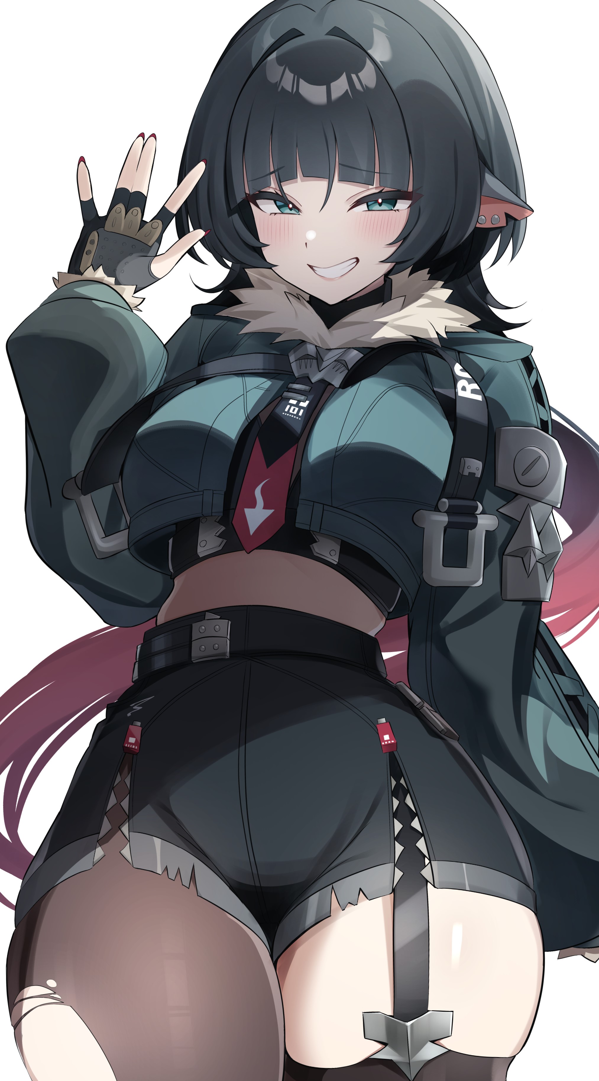 1girls, absurdres, animal ears, big breasts, black gloves, black hair, black shorts, blunt bangs, blush, brown pantyhose, clenched teeth, female, female only, fingerless gloves, fully clothed, fur trim, fur-trimmed jacket, furrowed brow, gloves, green eyes, green jacket, high-waist shorts, highres, jacket, jane doe (zenless zone zero), lelex, long hair, looking at viewer, mouse ears, mouse girl, mouse tail, multicolored hair, pantyhose, red hair, sfw, shorts, sidelocks, simple background, single leg pantyhose, smile, solo, tail, teeth, two-tone hair, white background, zenless zone zero
