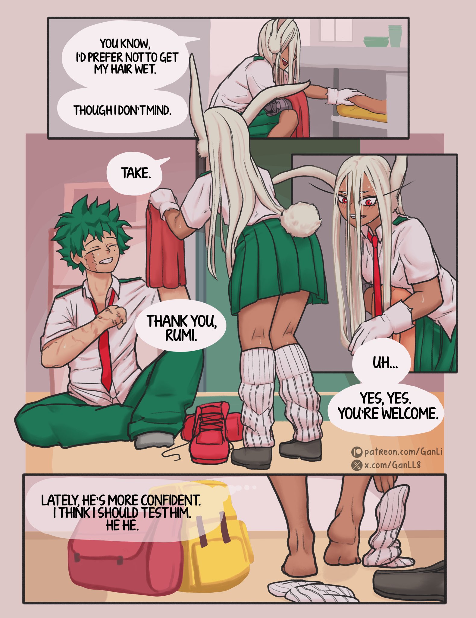 1boy, 1boy1girl, 1girls, boku no hero academia, bunny ears, bunny girl, bunny tail, comic, english, english dialogue, english text, ganli, green hair, green-haired male, hero, heroine, izuku midoriya, light skin, light-skinned male, mirko, miruko, muscular, muscular female, muscular male, my hero academia, red eyes, red-eyed female, rumi usagiyama, scars, scars all over, scars on arm, school uniform, speech bubble, superhero, superheroine, tan body, tan skin, tan-skinned female, thick thighs, thighs, thunderthighs, white background, white-haired female
