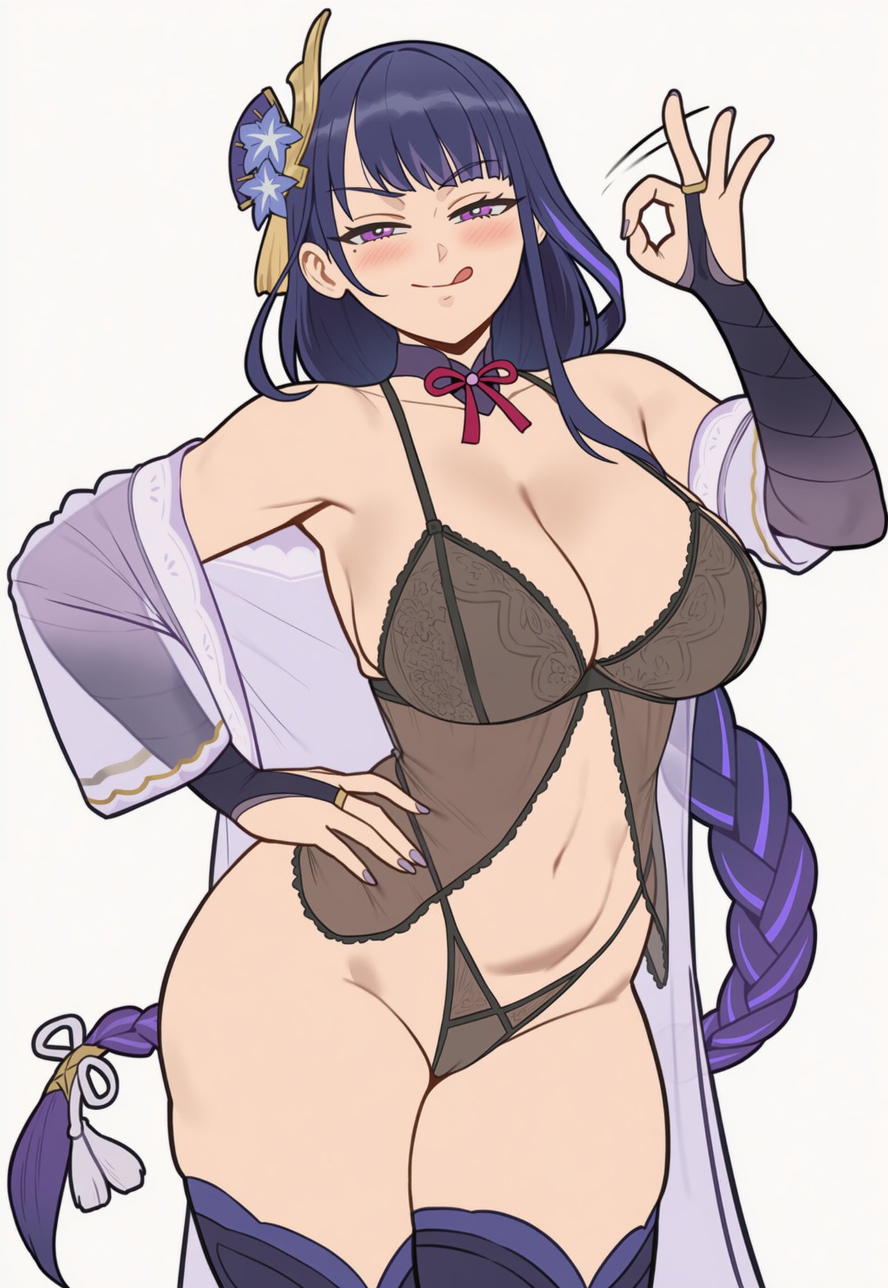 1girls, ai generated, babydoll, blush, boots, closed mouth, curvy, evil smile, female, female only, fringe, genshin impact, goddess, hand on hip, hi res, hoyoverse, huge breasts, kimono, legwear, light skin, lingerie, long hair, looking at viewer, maxelartdesign, mihoyo, mole, navel, necktie, one arm up, one hand up, painted nails, ponytail, purple eyes, purple hair, raiden shogun, seductive smile, smile, solo, standing, stomach bulge, thighhighs, thighs, tongue out, white background, younger female