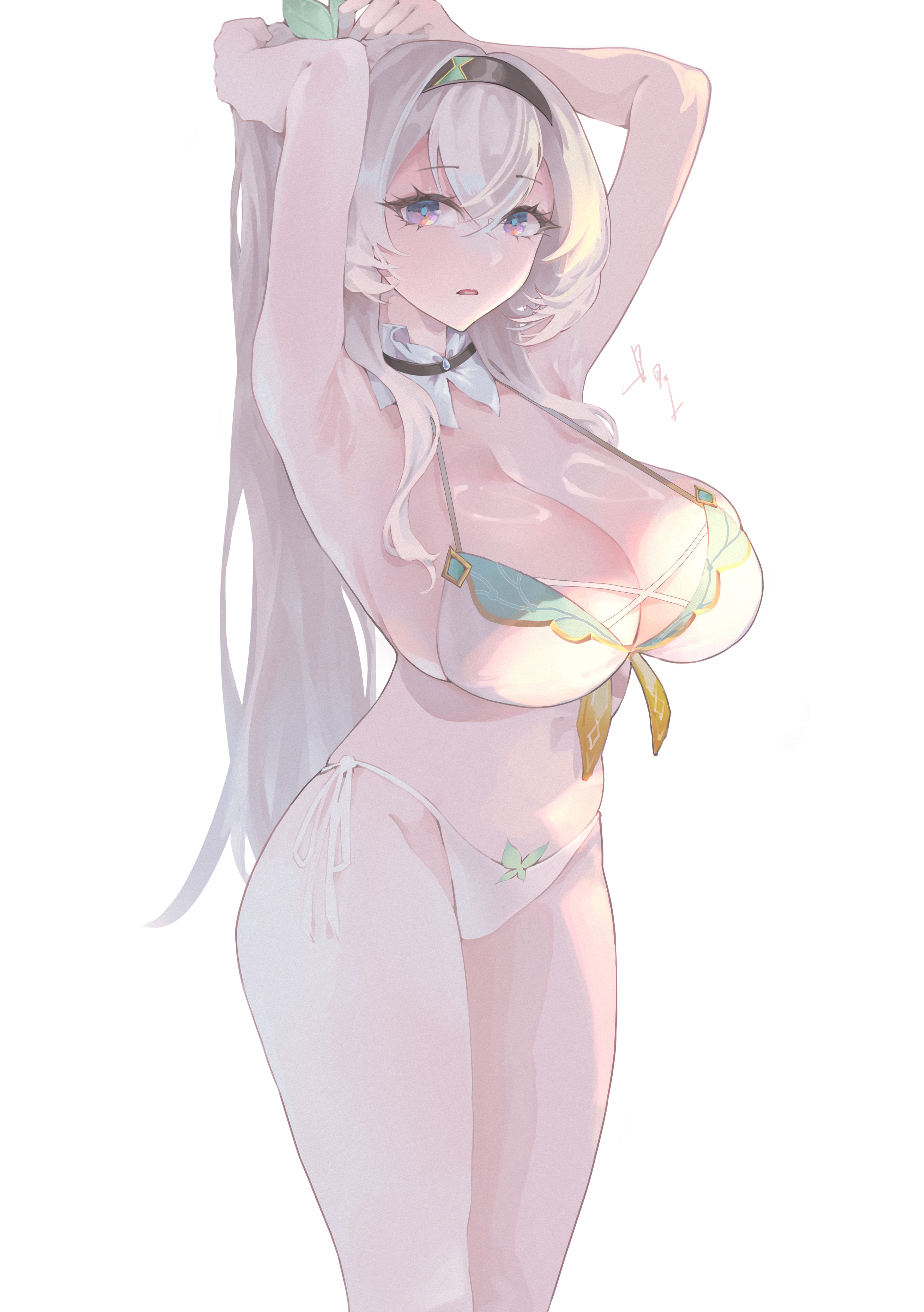 1girl, absurdres, armpits, arms up, bikini, black hairband, breasts, cleavage, commentary request, female, female only, firefly (honkai: star rail), grey hair, hair between eyes, hairband, highres, honkai (series), honkai: star rail, hoshino-chan (karisutina), large breasts, long hair, looking at viewer, parted lips, pink eyes, side-tie bikini bottom, simple background, stomach, swimsuit, white background, white bikini