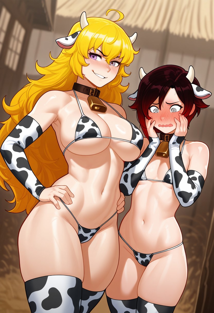 2girls, ai generated, bikini, black hair, blonde hair, blush, collar, cow bell, cow bell collar, cow horns, cow print, cow print bikini, cow thighighs, embarrassed, embarrassed female, female only, happy, long hair, ruby rose, rwby, short hair, sisters, tagme, thighhighs, yang xiao long