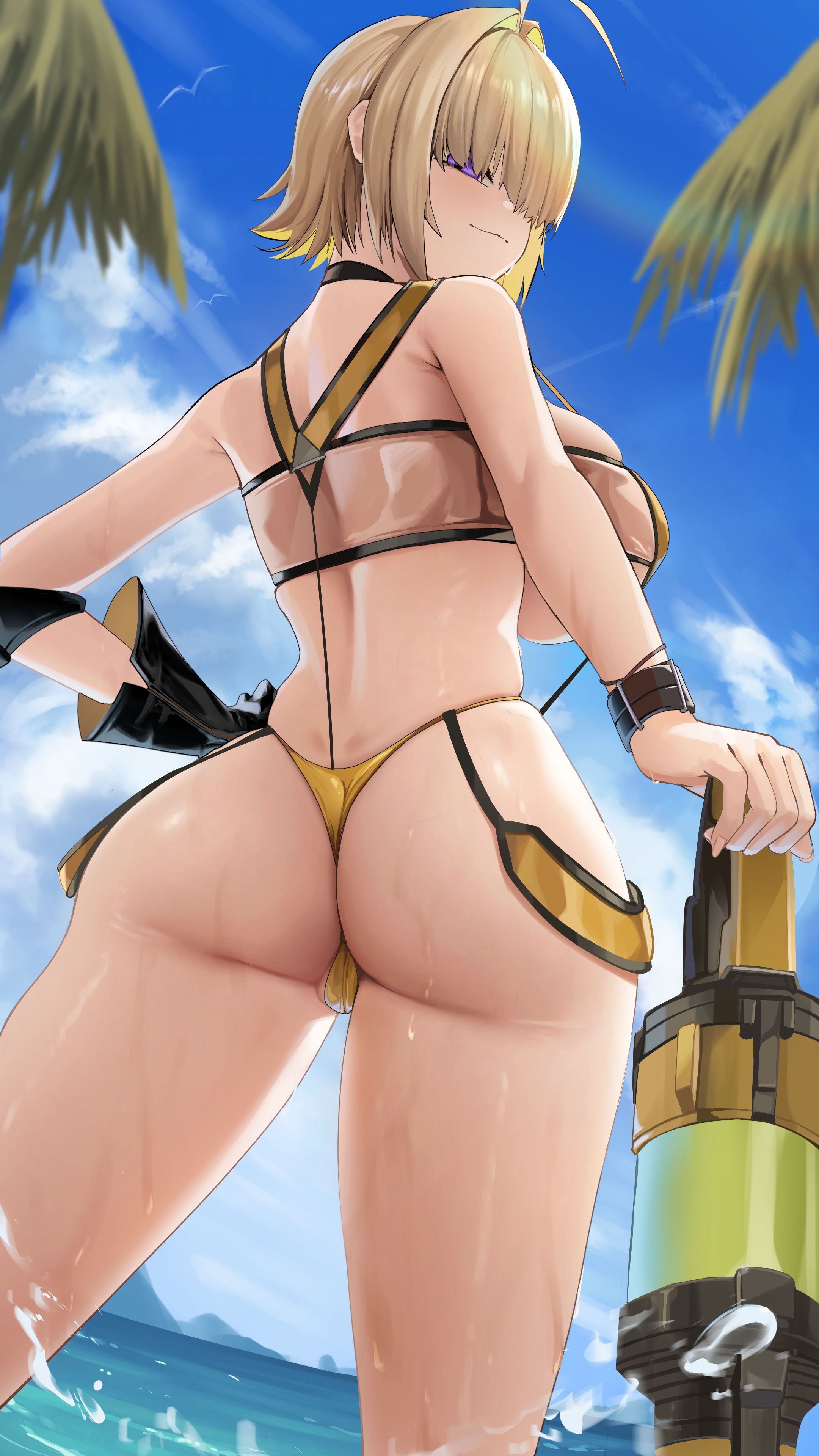 1girls, absurdres, ahoge, alternate costume, ass, ass focus, bare shoulders, bikini, blonde hair, blush, breasts, dimples of venus, elegg (boom and shock) (nikke), elegg (nikke), female, female only, from behind, from below, gloves, goddess of victory: nikke, hair over eyes, highres, huge ass, huge breasts, looking at viewer, looking back, looking down, partially visible vulva, pitespear, purple eyes, short hair, sideboob, smile, solo, swimsuit, thong, thong bikini, water