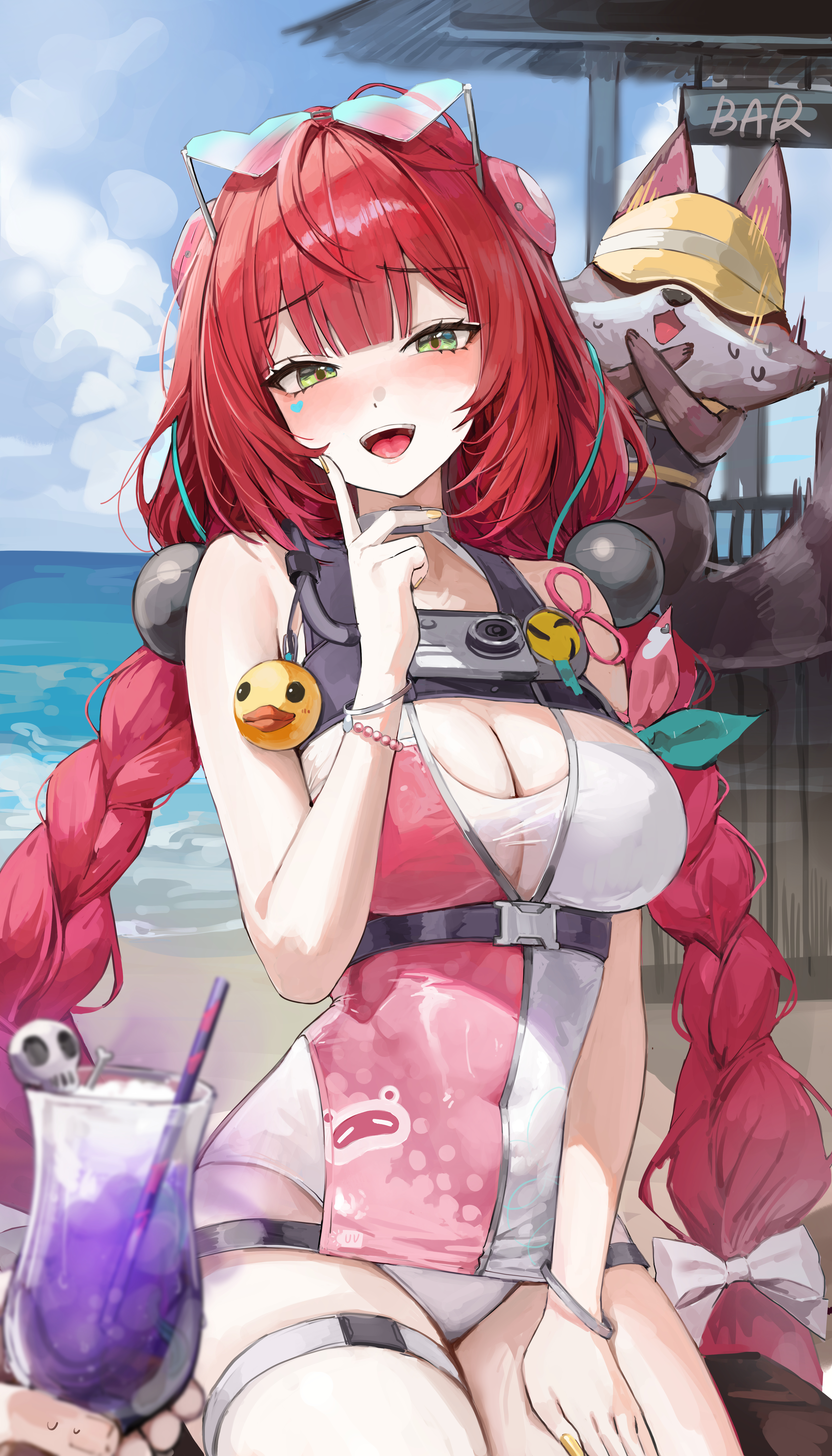 1girls, absurdres, bare shoulders, beach, bead bracelet, beads, blush, bracelet, braid, breasts, choker, cleavage, covered navel, cup, curvy, drinking glass, eyewear on head, female, female only, green eyes, hair ornament, hand on own thigh, hand up, heart, heart-shaped eyewear, highres, hurricane glass, index finger raised, jewelry, kamanosuke (zenless zone zero), large breasts, lillly, long hair, looking at viewer, official alternate costume, one-piece swimsuit, open mouth, outdoors, pink one-piece swimsuit, raccoon, red hair, smile, solo, sphere hair ornament, sunglasses, swimsuit, thick thighs, thigh strap, thighs, twin braids, twintails, two-tone one-piece swimsuit, ukinami yuzuha, ukinami yuzuha (tanuki in broad daylight), very long hair, visor cap, wet, zenless zone zero
