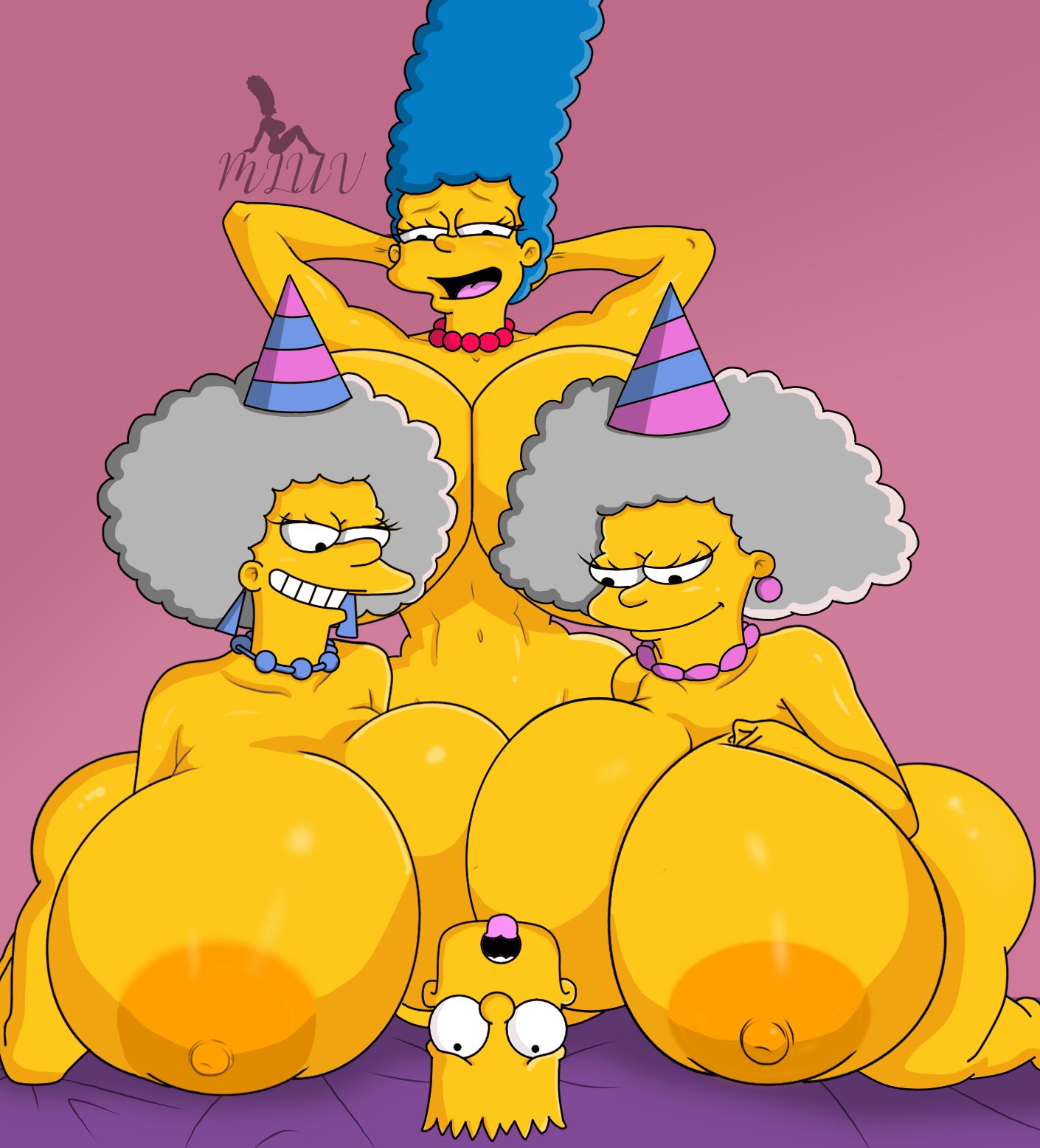 1boy, 3girls, bart simpson, foursome, huge breasts, incest, marge simpson, mluv, older female, older female and younger male, patty bouvier, selma bouvier, smaller male, smothering, the simpsons, younger male
