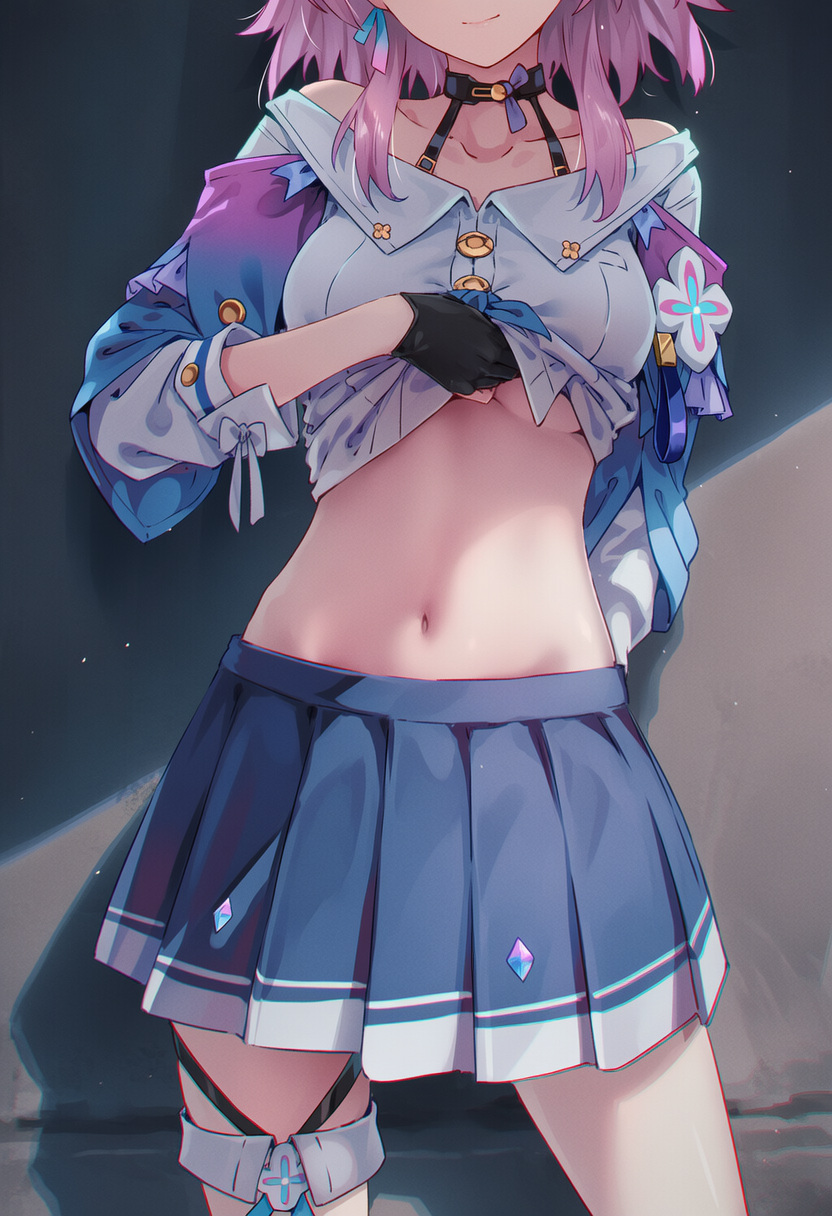 1girls, ai generated, belly, belly button, exposed belly, exposed midriff, honkai: star rail, lifting own clothes, lifting shirt, march 7th (honkai: star rail), navel, pink hair, skirt, smile, thighs, underboob