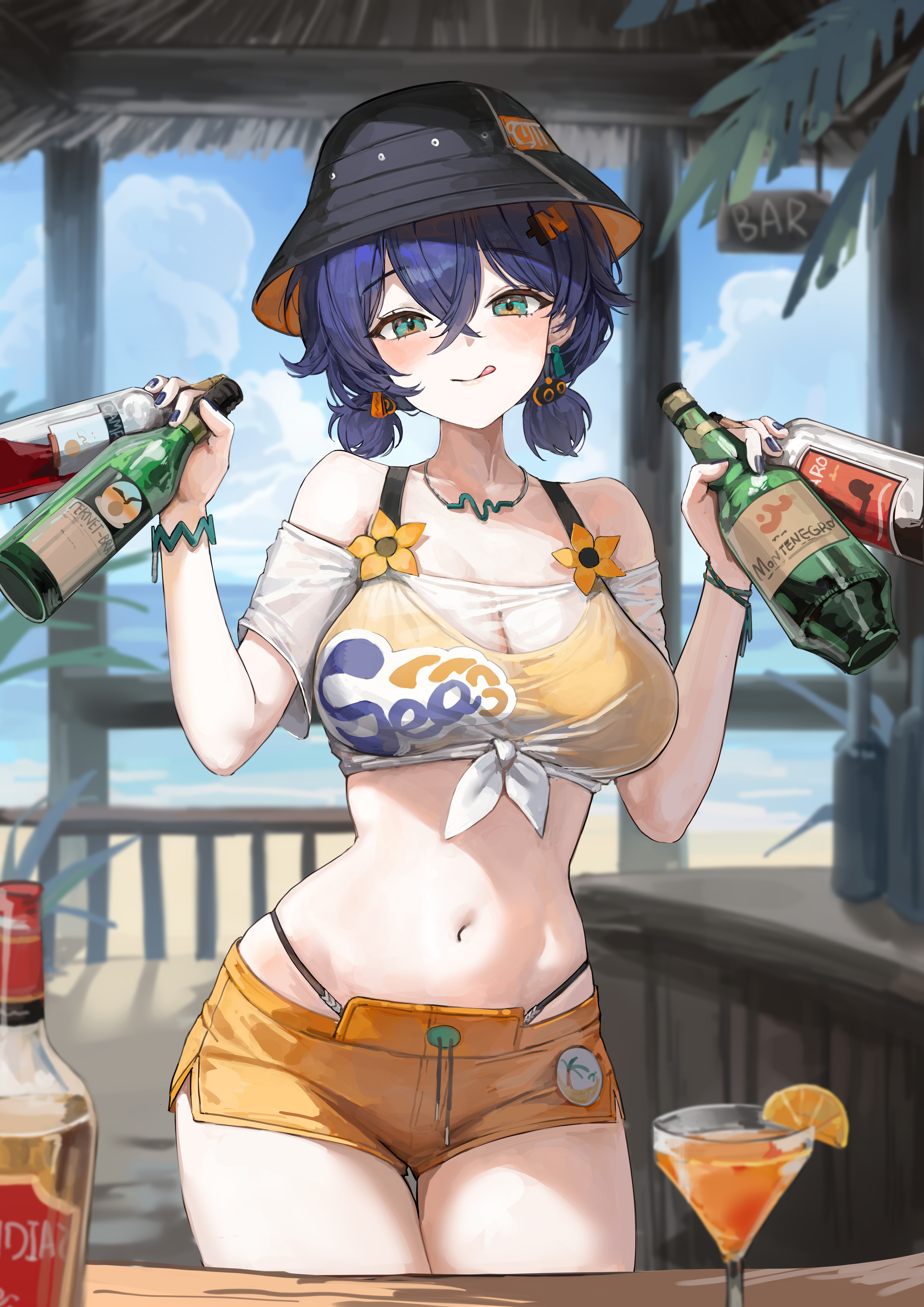 :q, 1girls, absurdres, bare shoulders, belle (summer skies) (zenless zone zero), belle (zenless zone zero), bikini, bikini under clothes, black hat, black nails, blue hair, blue sky, blurry, blurry background, blush, bottle, breasts, bucket hat, collarbone, commentary, crop top, cup, day, drinking glass, earrings, female, female only, front-tie top, green eyes, hair between eyes, hair ornament, hat, highres, holding, holding bottle, jewelry, large breasts, letter hair ornament, lillly, looking at viewer, midriff, nail polish, navel, necklace, off shoulder, off-shoulder shirt, official alternate costume, orange bikini, orange shorts, see-through cleavage, see-through clothes, see-through shirt, shirt, short hair, shorts, sky, solo, stomach, swimsuit, thighs, tongue, tongue out, white shirt, zenless zone zero