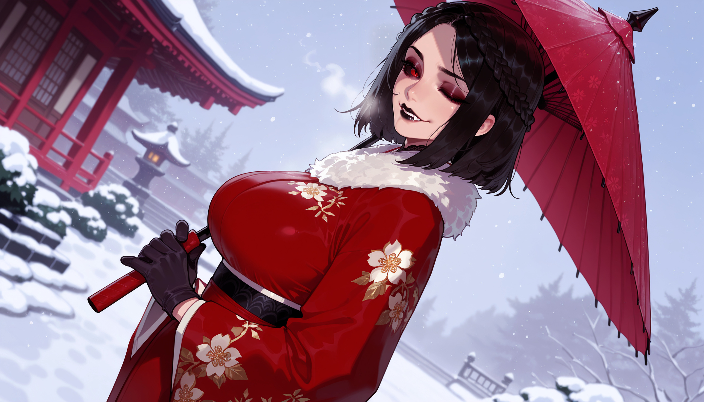 1girls, ai generated, architecture, balecxi, bangs, biting own lip, black gloves, black hair, black lips, black sash, black sclera, braid, breasts, breath, closed eyes, clothing, colored sclera, crown braid, curvaceous, curvaceous female, curvaceous figure, curvy, curvy figure, dutch angle, east asian architecture, eyeliner, eyeshadow, female, female focus, female only, floral print, from side, fur collar, fur trim, fur-trimmed kimono, gloves, holding, holding umbrella, japanese clothes, kimono, large breasts, lipstick, long sleeves, looking at viewer, makeup, medium hair, new year, obi, oil-paper umbrella, one eye closed, outdoors, print kimono, red eyes, red kimono, red umbrella, robe, sash, serana, short hair, shrine, skyrim, smile, snow, snowing, solo, stone lantern, the elder scrolls, the elder scrolls v: skyrim, traditional clothes, tree, umbrella, upper body, vampire, voluptuous, voluptuous female, wafuku, wide sleeves, winter