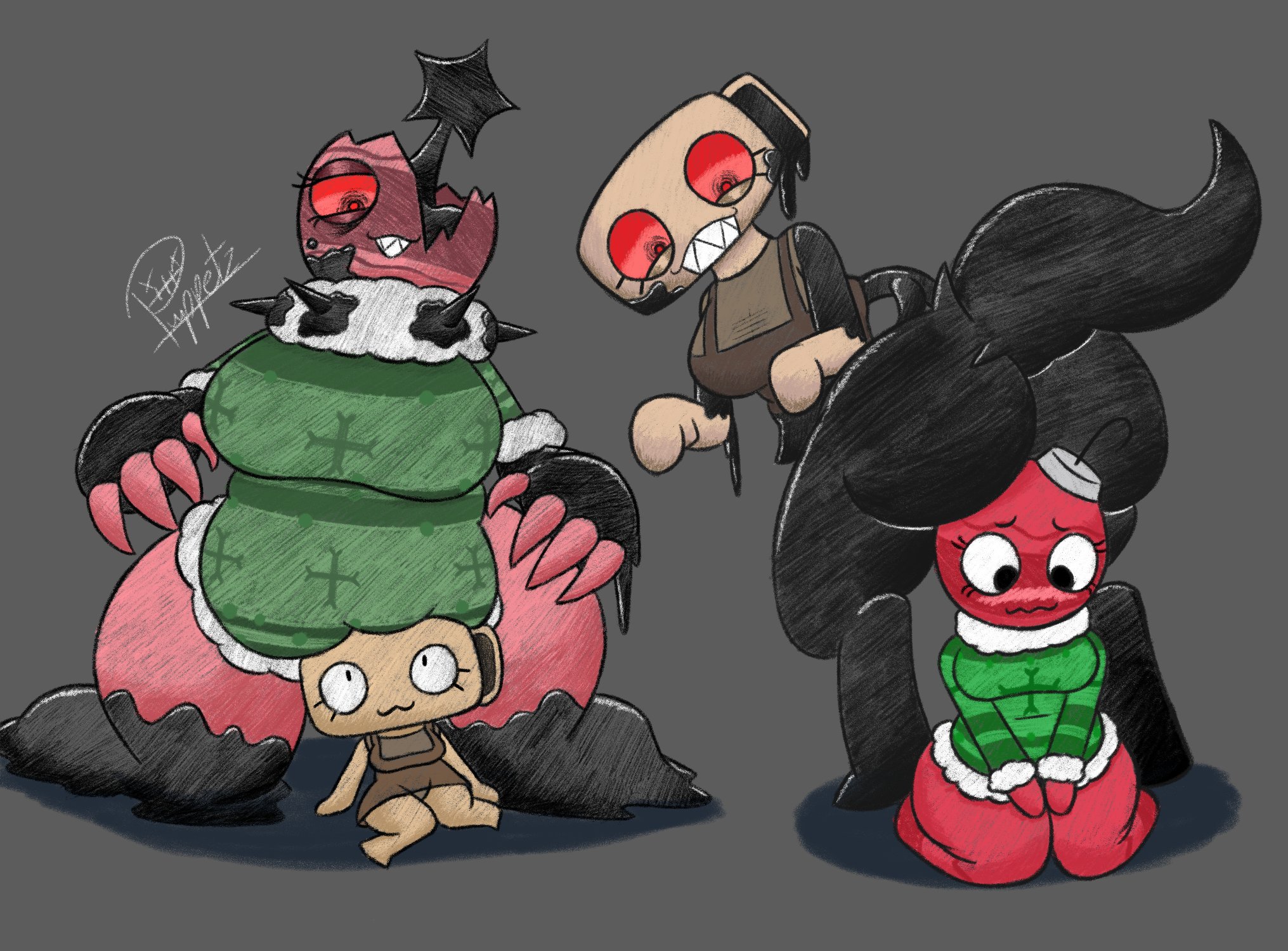 :3, 4girls, about to fart, ass on head, belly on head, big ass, blush, blushing, bobette (dandy's world), chubby, dandy's world, dinosaur, dinosaur tail, female only, green sweater, imminent fart, object head, puppetz (artist), sharp teeth, shelly (dandy's world), shy, twisted bobette (dandy's world), twisted shelly (dandy's world)