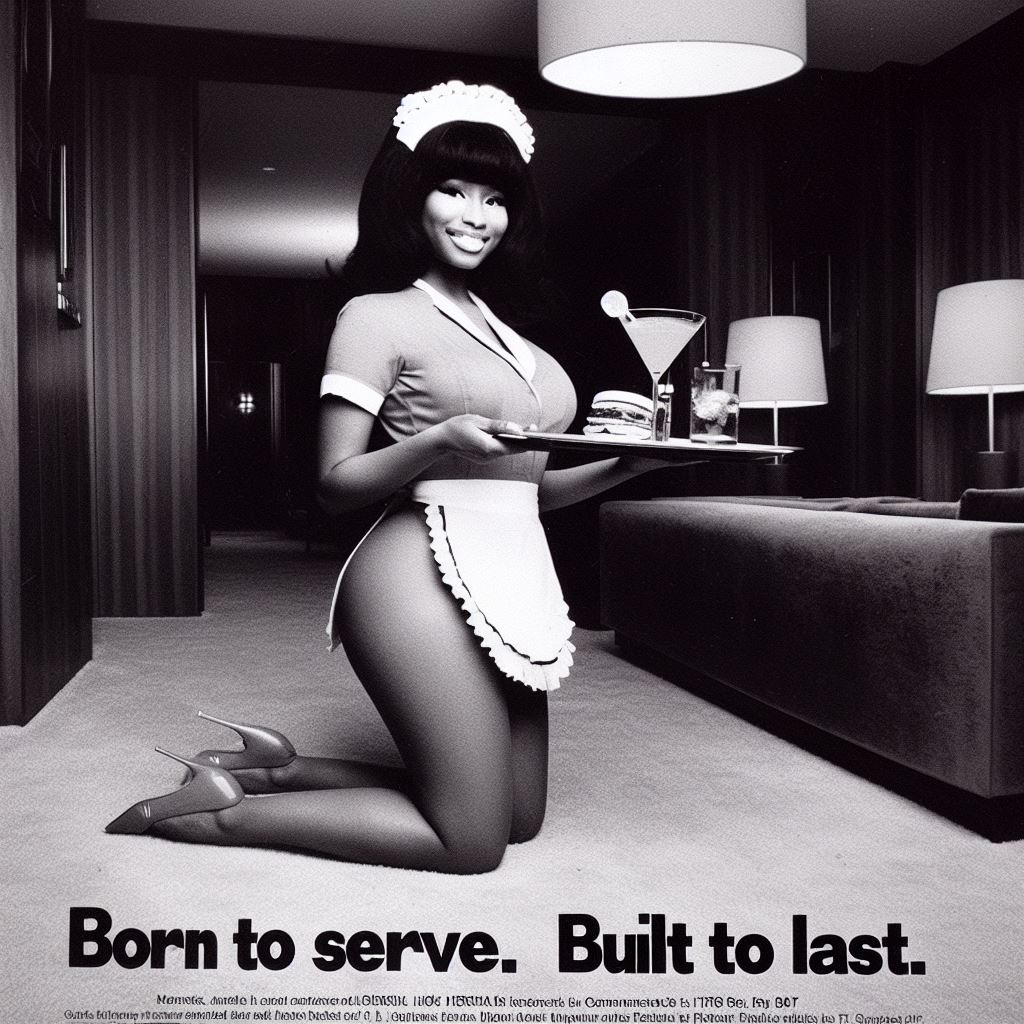 1girls advertisement african african_female ai_generated big_ass black_and_white brown_skin celebrity dall-e3 dark-skinned_female dark_skin female high_heels human large_breasts maid maid_uniform monochrome nicki_minaj vintage